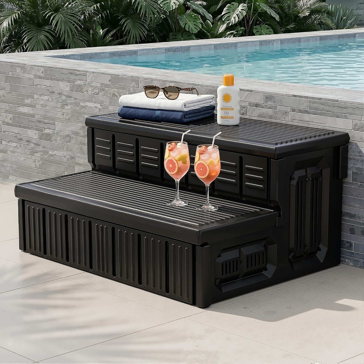 Hot Tub Steps, Outdoor Spa Steps with Storage, Non-Slip & Sturdy Hot Tub Stairs, 36 Inches Long