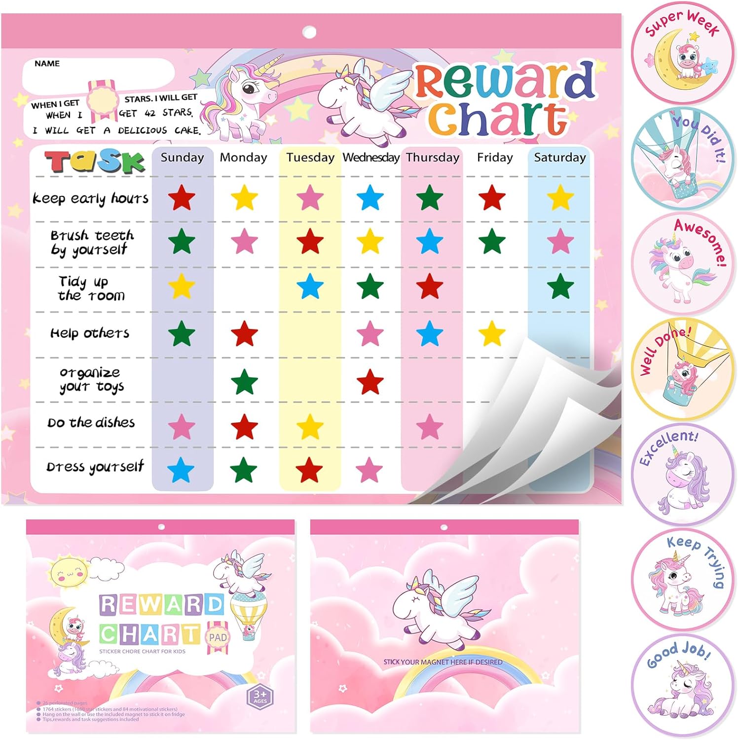 Magnetic Reward Chart for Kids at Home, Behavior Chart Pad with 26 Chore Charts, 1680 Star Stickers, 84 Motivational Stickers to Motivate Responsibility & Good Habits (Unicorn)