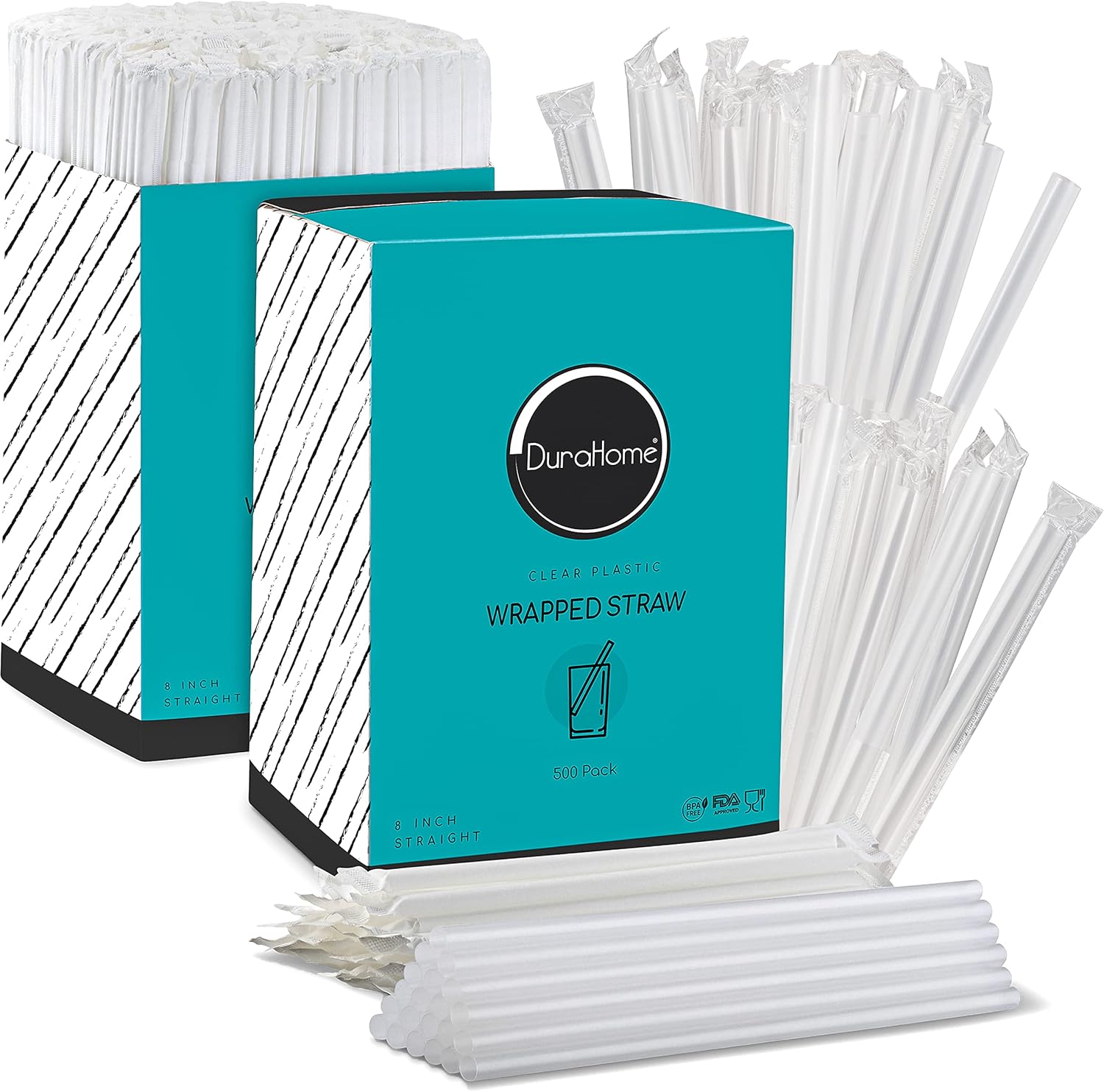 DuraHome Clear Plastic Straws Individually Wrapped 1000 Pack - 8 inch Drinking Straw, BPA Free - Restaurant Style Disposable Straws 0.24" Wide, Bulk Set