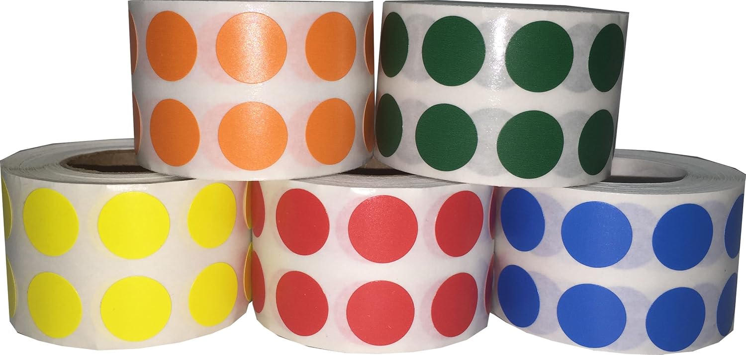 5 Different Color Coding Dot Stickers 12.7 mm 0.5 Inch Round 1000 Each Color 5000 Total Count