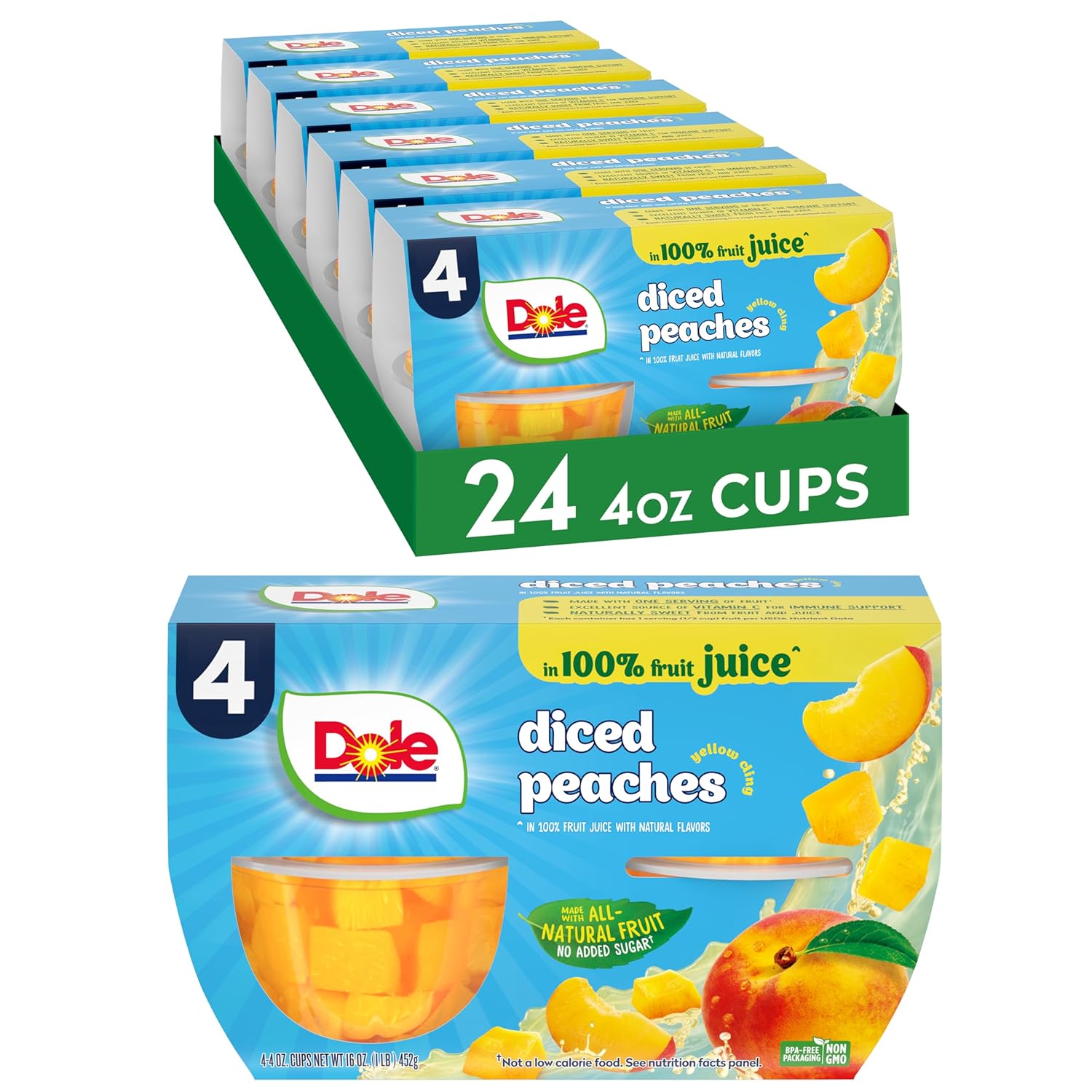 Dole Fruit Bowls, Diced Peaches in 100% Fruit Juice Snacks, 4oz 24 Total Cups, Gluten & Dairy Free, Bulk Lunch Snacks for Kids & Adults