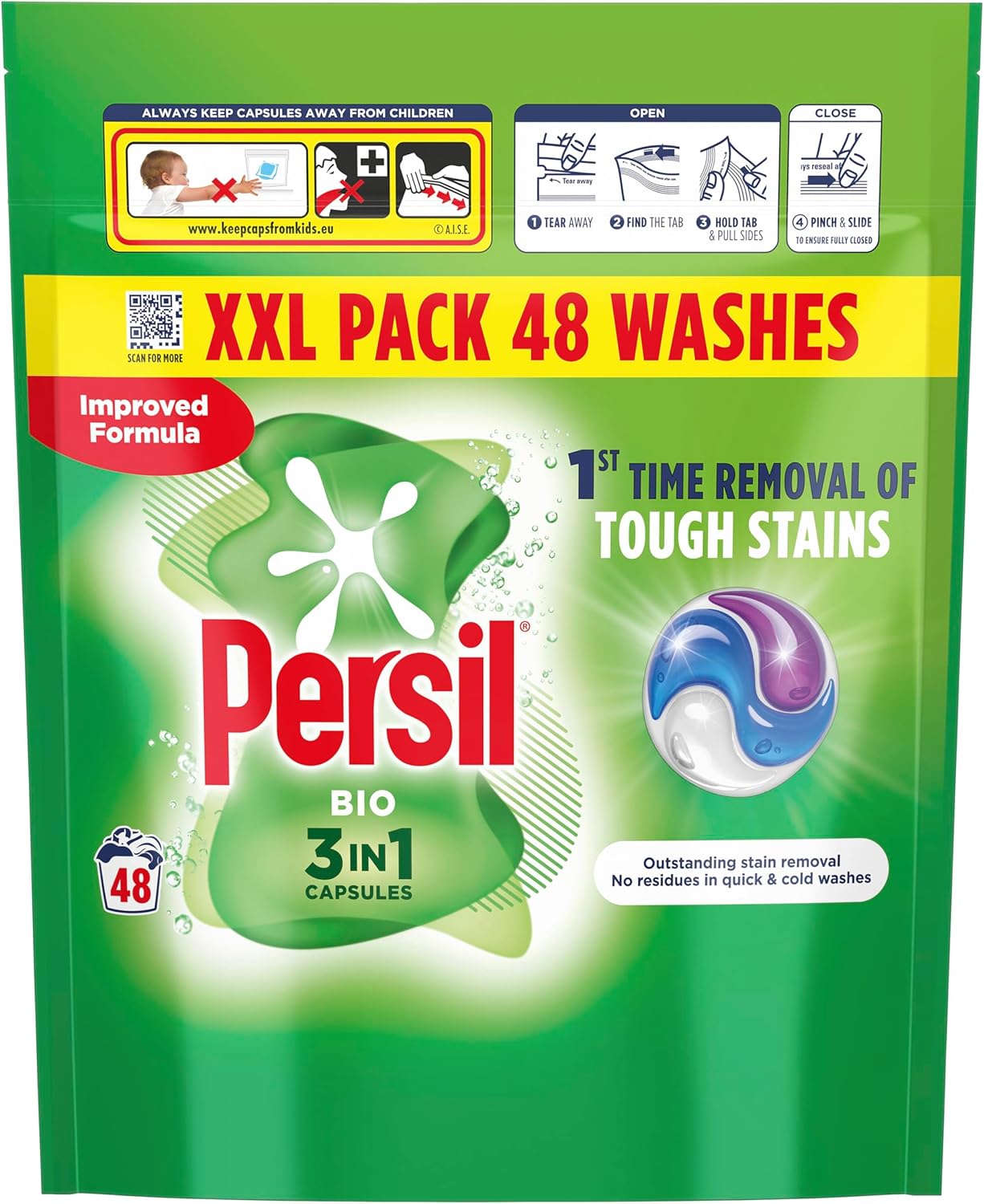 Persil Bio 3 in 1 Washing Capsules 1st time removal of tough stains outstanding stain removal in quick & cold washes 48 washes