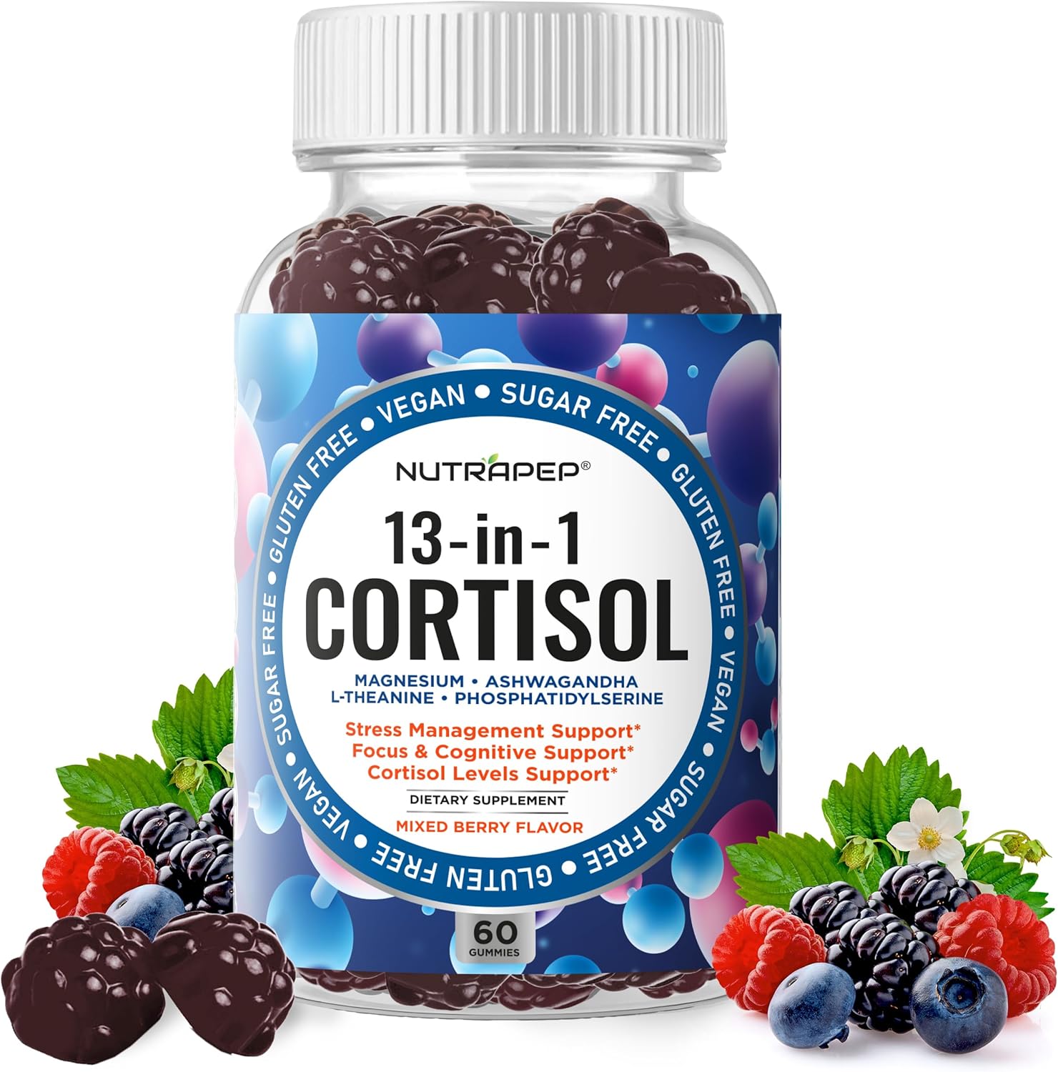 Cortisol Gummies for Women Men - 13-in-1 High Cortisol Reducer with Ashwagandha Magnesium L-theanine Rhodiola Rosea - Daily Cortisol Detox Manager for Stress Focus Support - Vegan Sugar Free