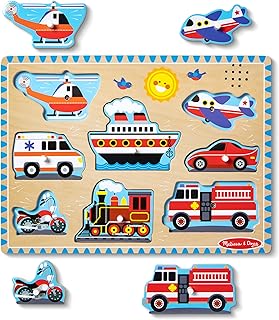 Melissa & Doug Vehicles Sound Puzzle - Wooden Peg Puzzle With Sound Effects (8 pcs) - Sound Puzzles for Toddlers, Wooden Puzzles For Kids Ages 2+