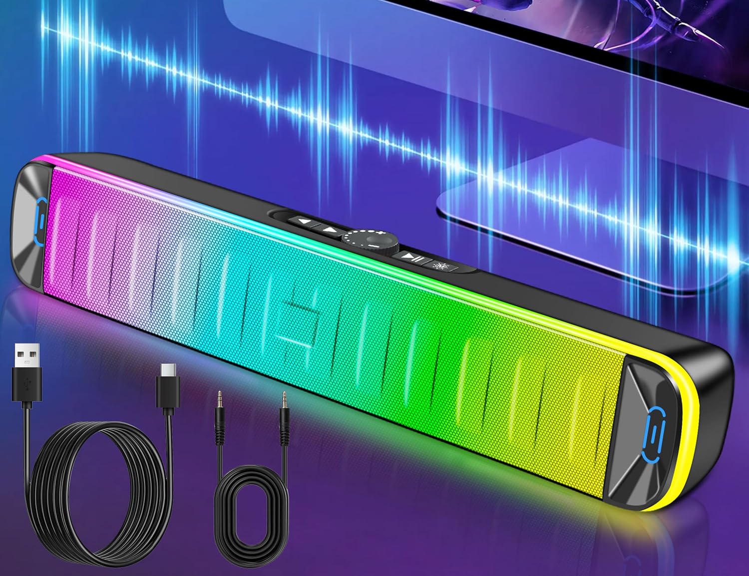KingSom Bluetooth 5.3 Computer Speaker,PC Sound Bar for Desktop Monitor with RGB Lights,Wireless Computer Sound Bar with Stereo Sound,Bluetooth & 3.5mm Aux-in & TF Card & U Disk PC Speakers Soundbar