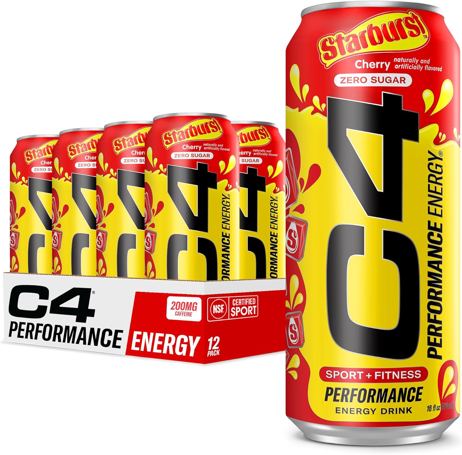 Cellucor C4 Performance Energy Drink | STARBURST Cherry | Zero Sugar Carbonated Preworkout Energy | 200mg Caffeine with Beta Alanine | 16 Fl Oz (12 Pack)