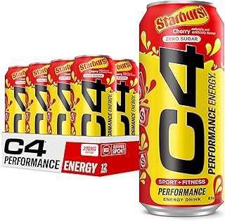 Cellucor C4 Performance Energy Drink | STARBURST Cherry | Zero Sugar Carbonated Preworkout Energy | 200mg Caffeine with Beta Alanine | 16 Fl Oz (12 Pack)
