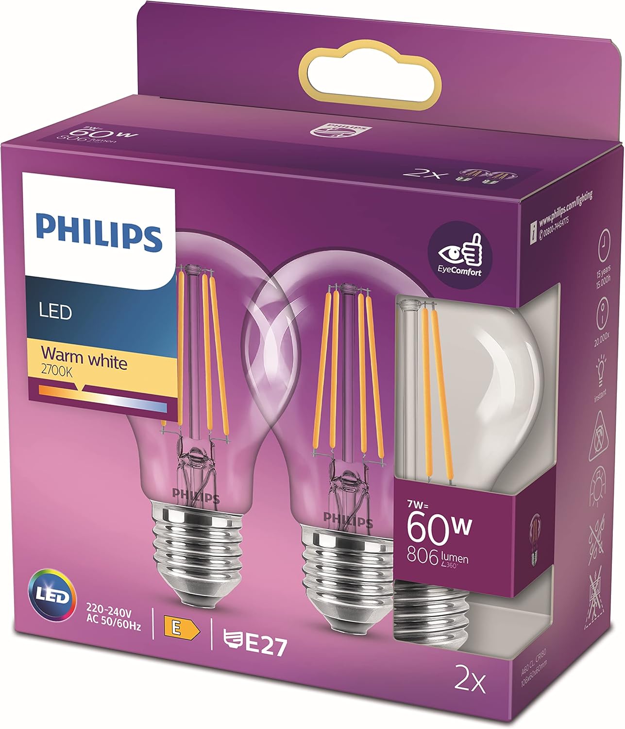 Philips LED Classic A60 Light Bulb Set of 2 [E27 Edison Screw] 7W = 60W Equivalent, Warm White (2700K), Non Dimmable
