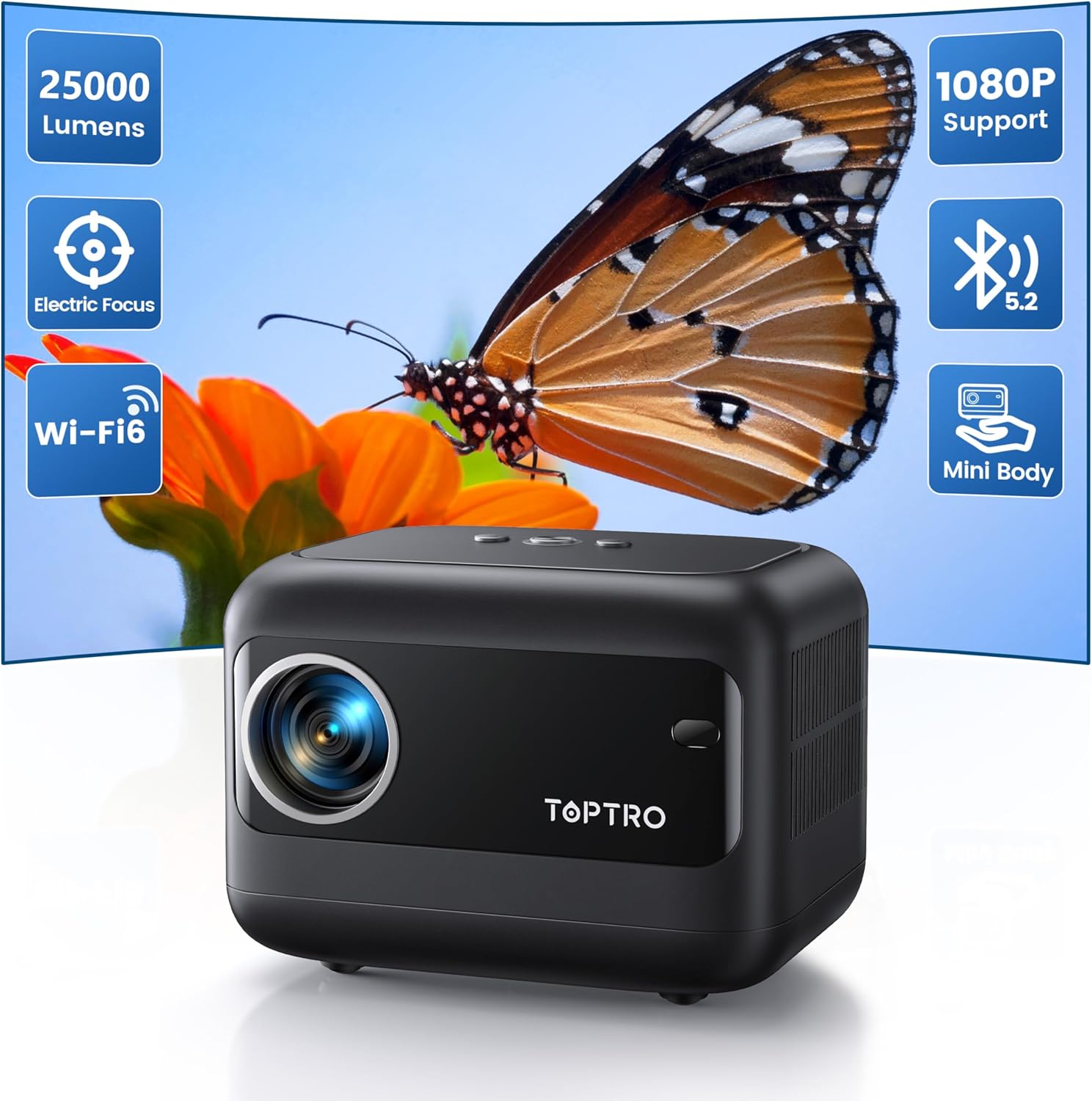 Mini Projector【Electric Focus】Portable Projector FHD 1080P 4K Supported WiFi 6 and Bluetooth 5.2, ±40° Keystone Correction, 75% Zoom, TOPTRO Home Cinema Projectors for iOS/Android Smartphone/TV Stick