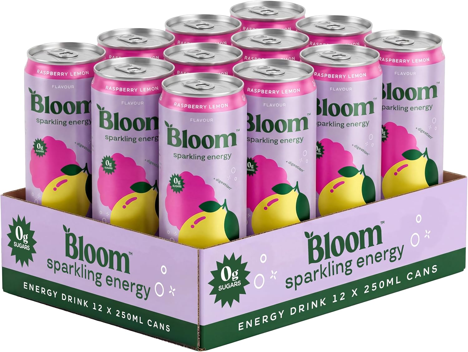 Bloom Nutrition Sparkling Energy Drink Raspberry Lemon 250ml (12 Pack) | Zero Sugar Energy Drink with 80mg Natural Caffeine, Vitamins C, B3 & B5 | Low Calorie and Multivitamin Energy Drink