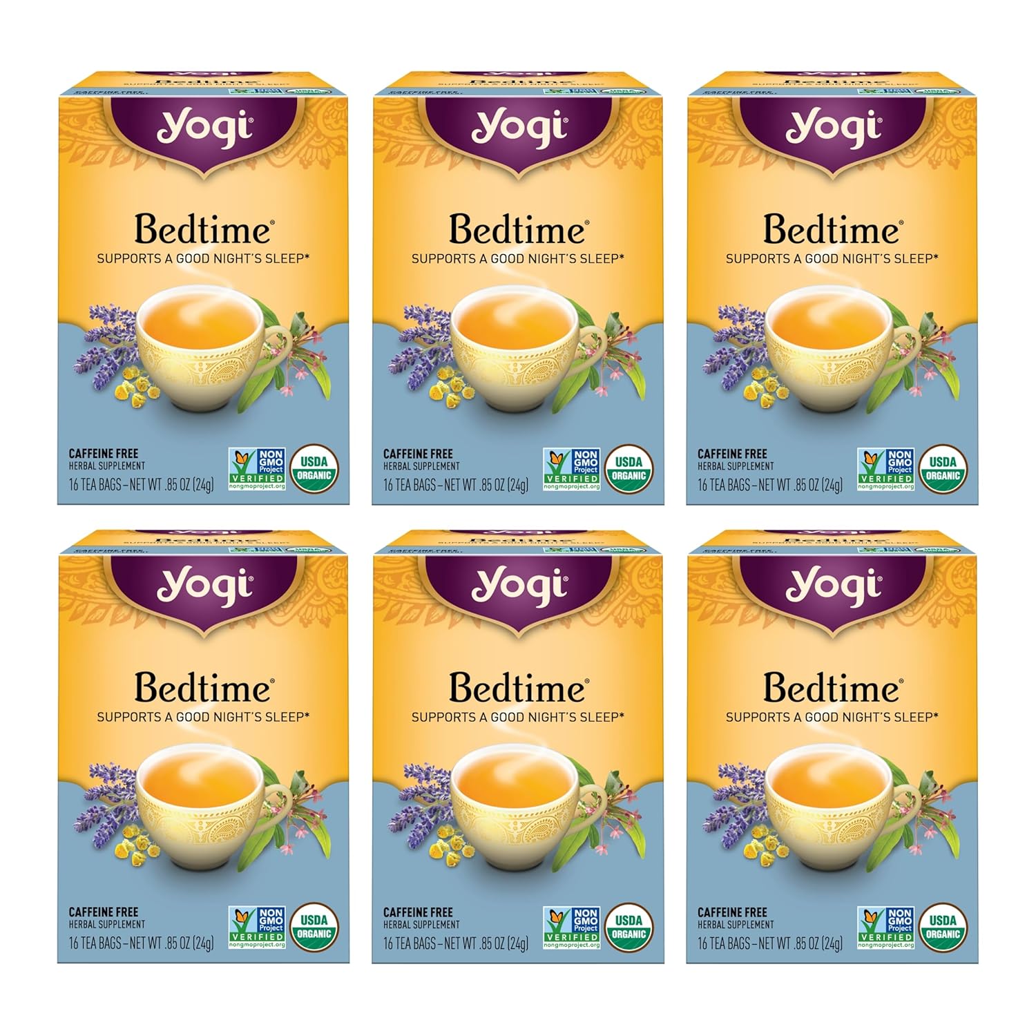 Yogi Tea - Bedtime (6 Pack) - Supports a Good Night’s Sleep - Tea with Passionflower, Chamomile, Valerian Root, and Lavender - 96 Organic Herbal Tea Bags