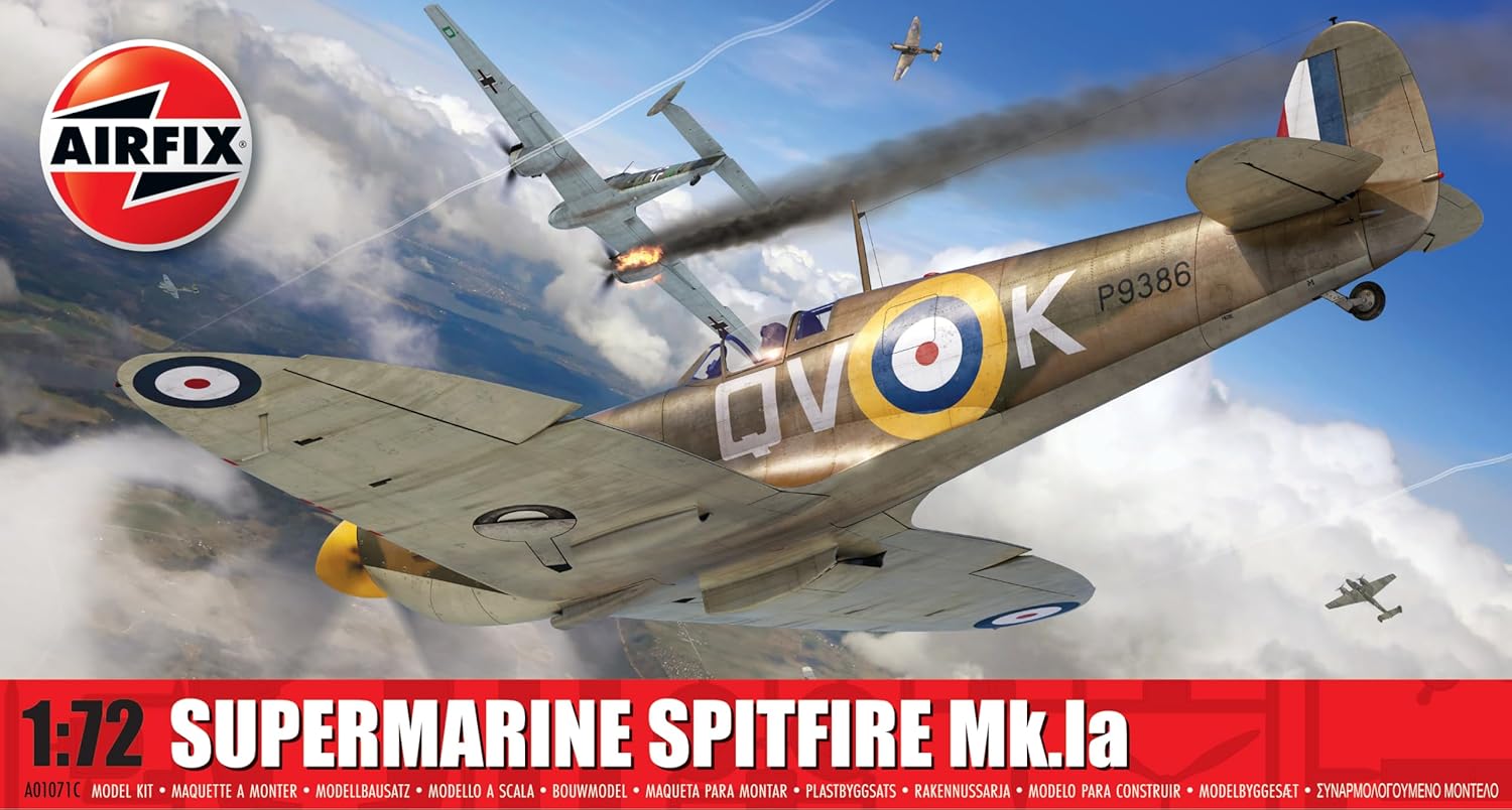 Airfix Standard Model Set - A01071C Supermarine Spitfire Mk.Ia Model Building Kit - Plastic Model Plane Kits for Adults & Children 8+, Set Includes Sprues, Decals & Paint Guide - 1:72 Scale Model