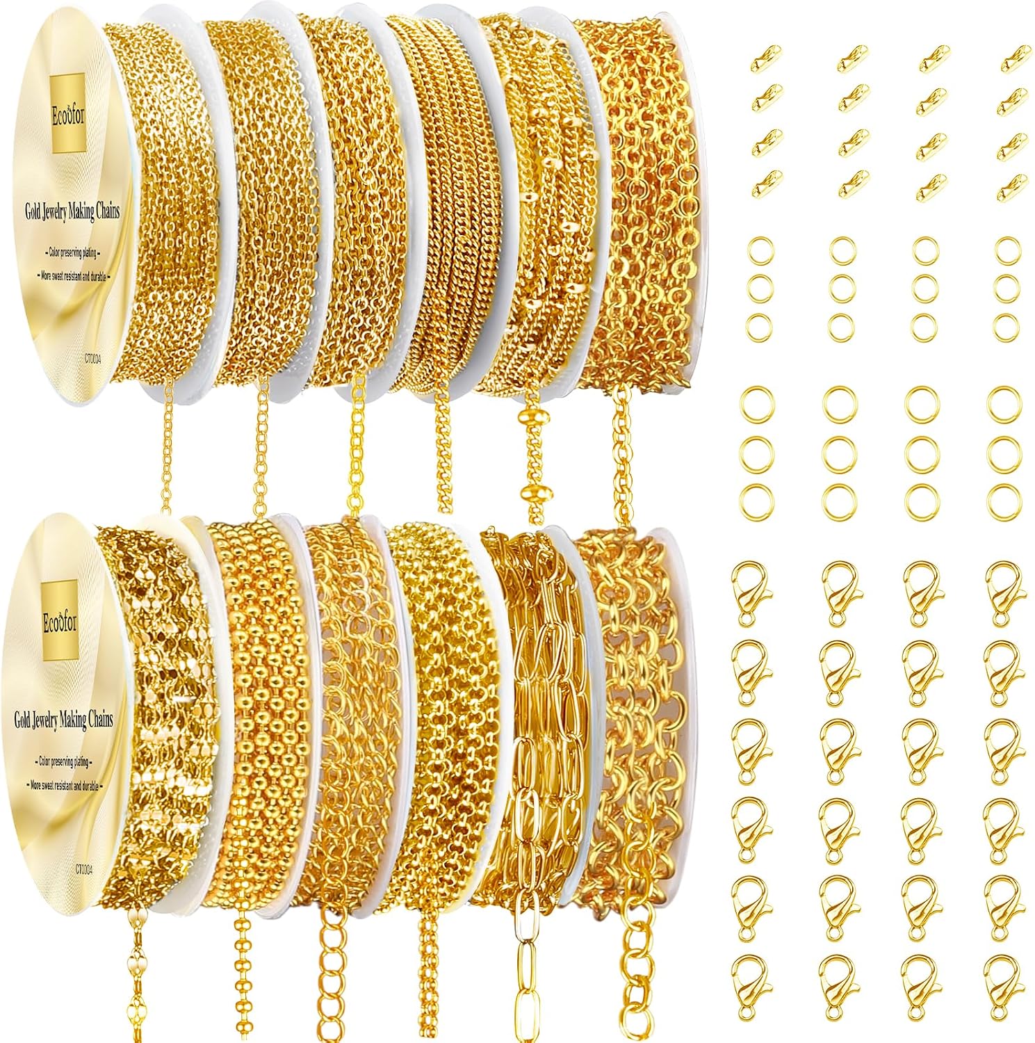 Ecoofor Gold Necklace Chains for Jewelry Making, 95.1 Feet 12 Rolls Jewelry Chains for DIY Necklace Bracelet Jewelry Making with Jump Rings/Lobster Clasps/Connectors