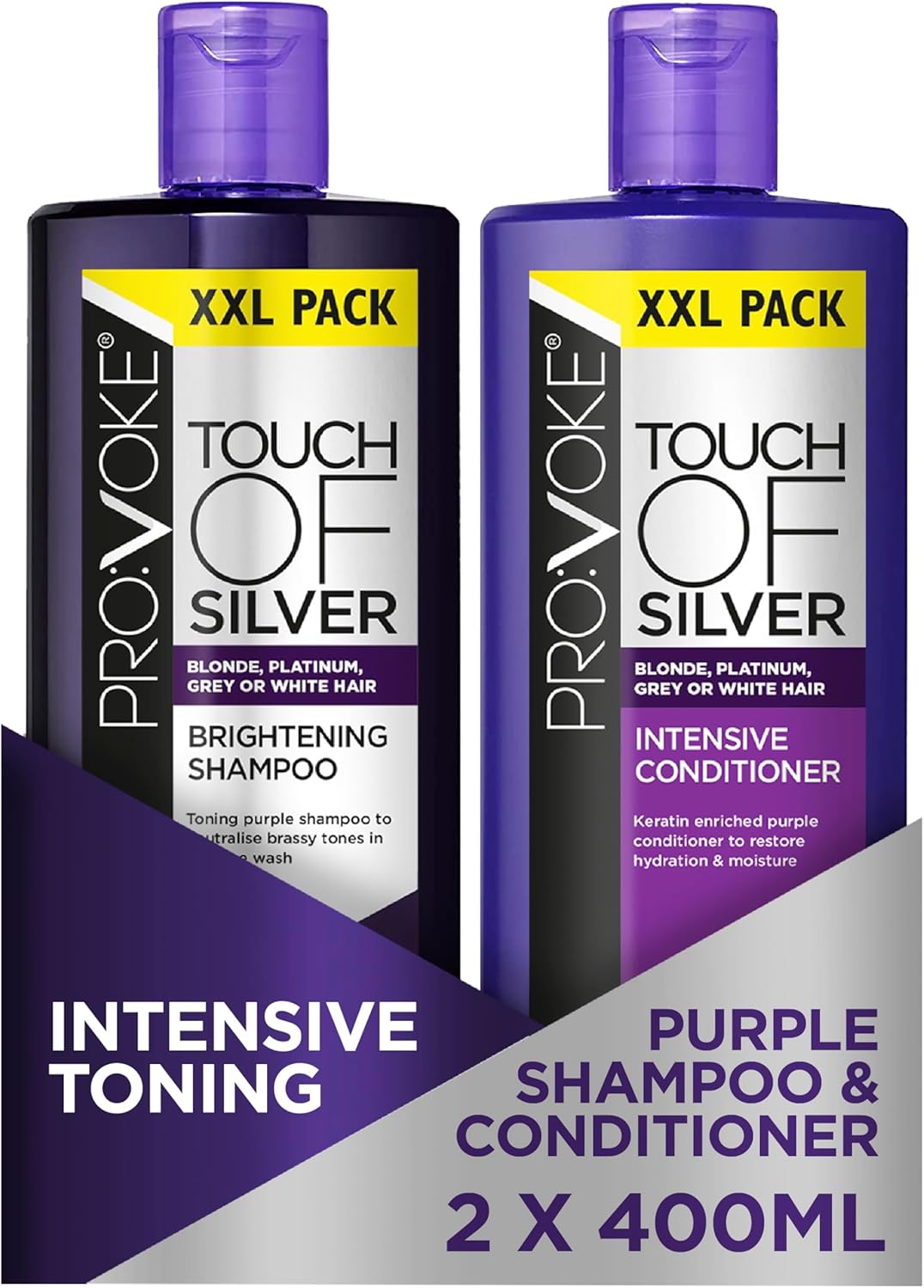 PROVOKE Touch Of Silver Brightening Purple Shampoo & Intensive Conditioner 400ml, Neutralises Yellow & Orange Tones, Formulated With Violet & Blue Pigments