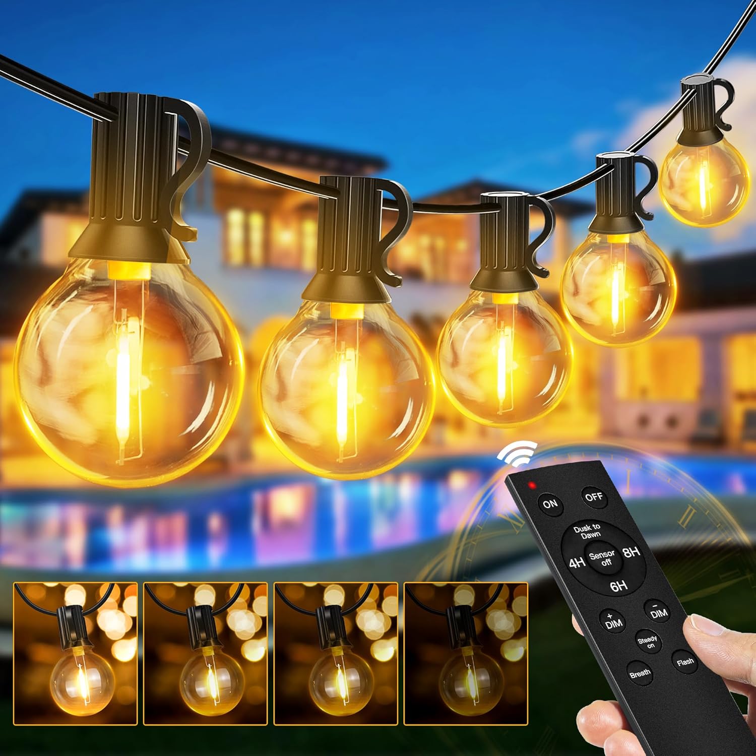 Ollny Festoon Lights Outdoor Garden 10m, String Lights Mains Powered, 15+1 G40 Shatterproof Bulbs, Waterproof Fairy Lights with RF Remote/Timer/3 Modes for Outside Wedding Party Patio Decorations