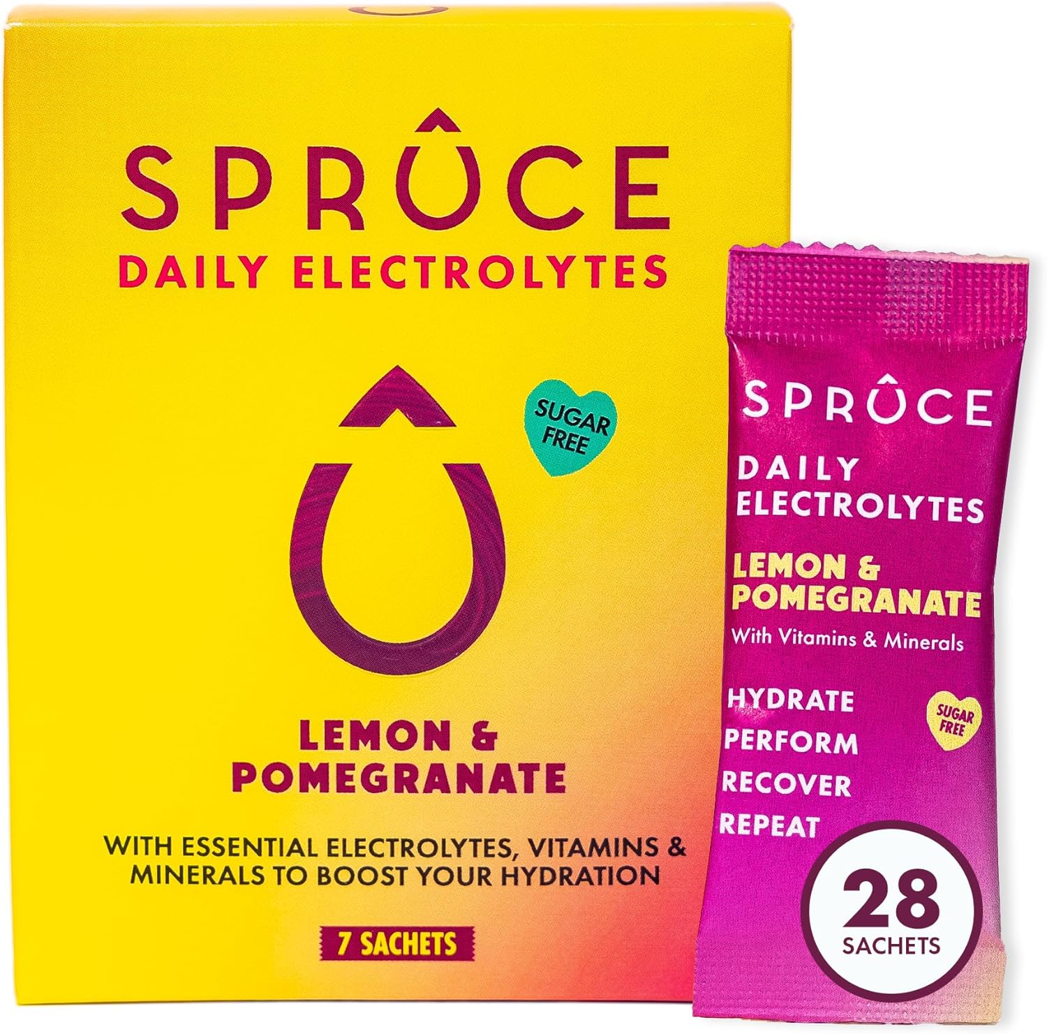 Spruce Daily Electrolytes – Sugar Free Hydration Sachets with Potassium, Sodium, Magnesium, Vitamins & Minerals for Rehydration & Recovery – Lemon & Pomegranate –28 Sachets