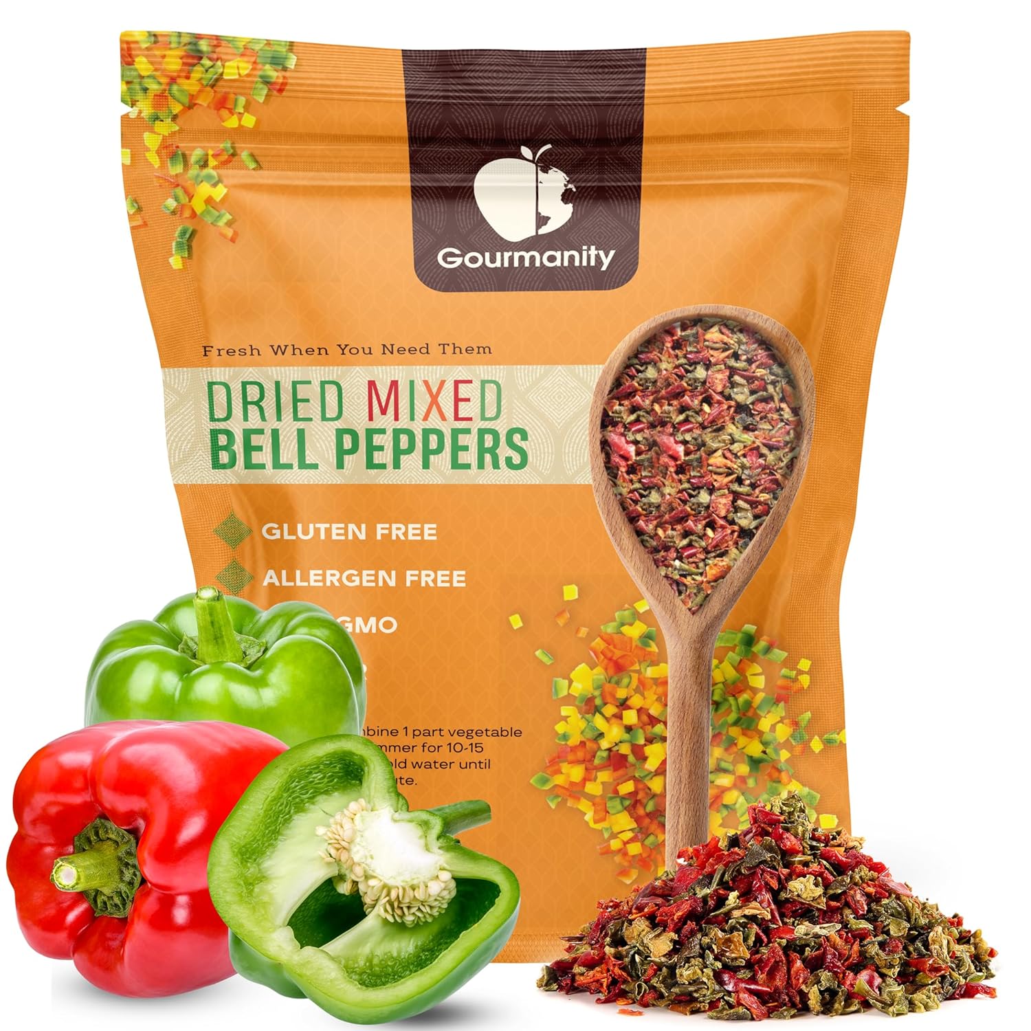 Gourmanity Dried Red and Green Bell Peppers Mix, 32oz Flavorful Diced Peppers Fresh and Appetizing, Perfect for Ramen Toppings Soups Stir-Frys and Stews, All Natural, Packed in a Resealable Bag
