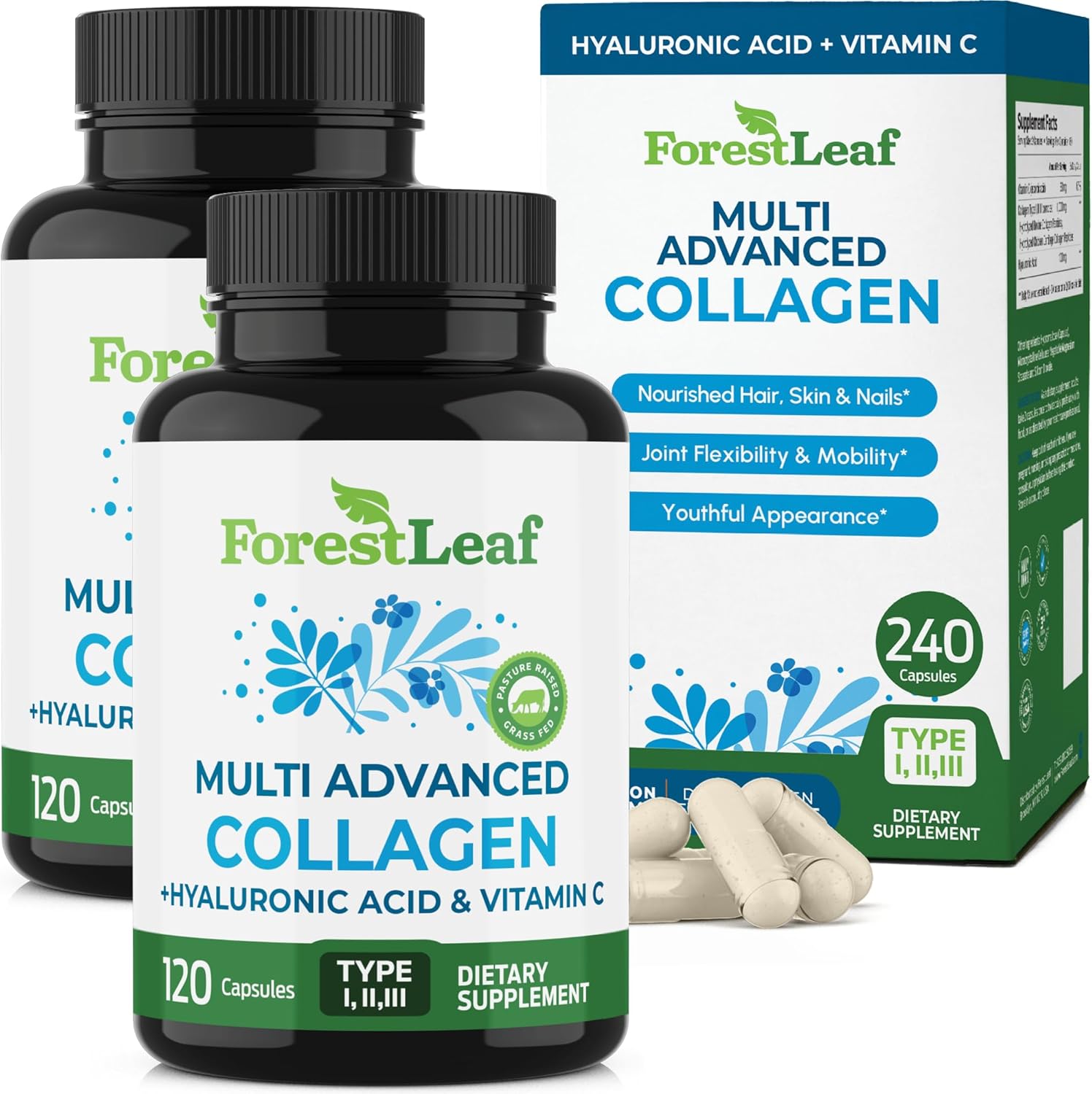 ForestLeaf Multi Collagen Pills with Hyaluronic Acid + Vitamin C | Hydrolyzed Collagen Supplements for Women or Men | Multi Collagen Capsules Peptides for Skin, Wrinkles, 240