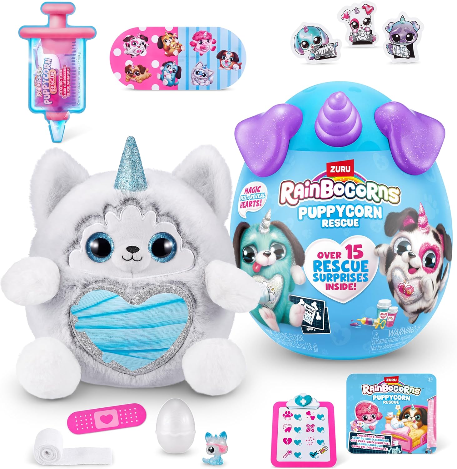 Rainbocorns Puppycorn Rescue (Husky) by ZURU, Collectible Plush, Stuffed Animal Girl Toys, Surprise Egg, Stickers, Syringe Slime, Ages 3+ for Girls, Children, 9.06 x 7.87 x 11.02 inches