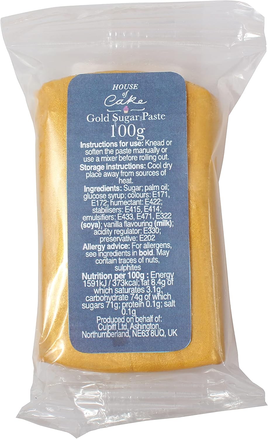House of Cake Metallic Gold Edible Sugar Paste, Fondant Icing for Modelling, Marbling, Lettering, & Creating Shapes, Add a Shiny Smooth Finish to Cakes & Cupcakes - Gold 100g