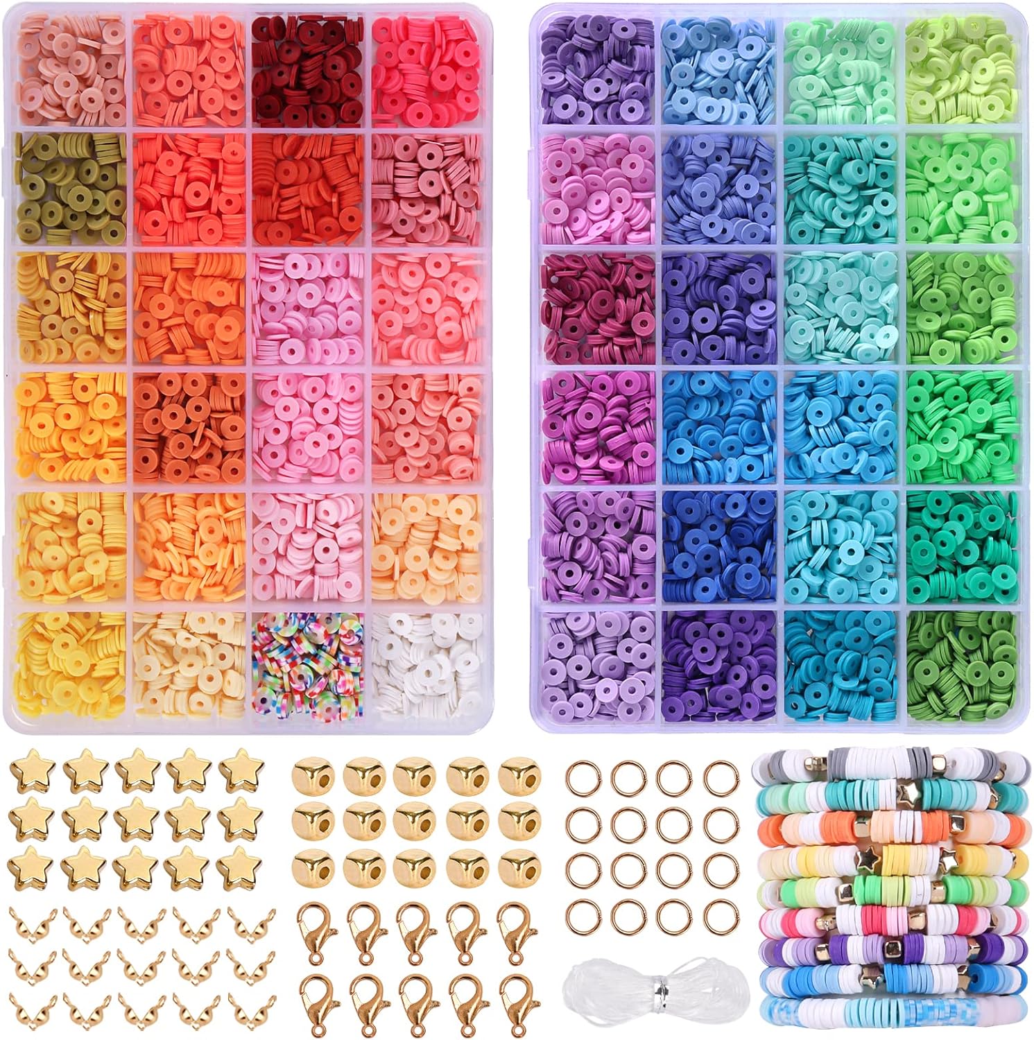 QUEFE 4800pcs Clay Beads for Bracelet Making Kit 48 Colors Flat Round Polymer Clay Beads Spacer Heishi Beads for Jewelry Making Kit