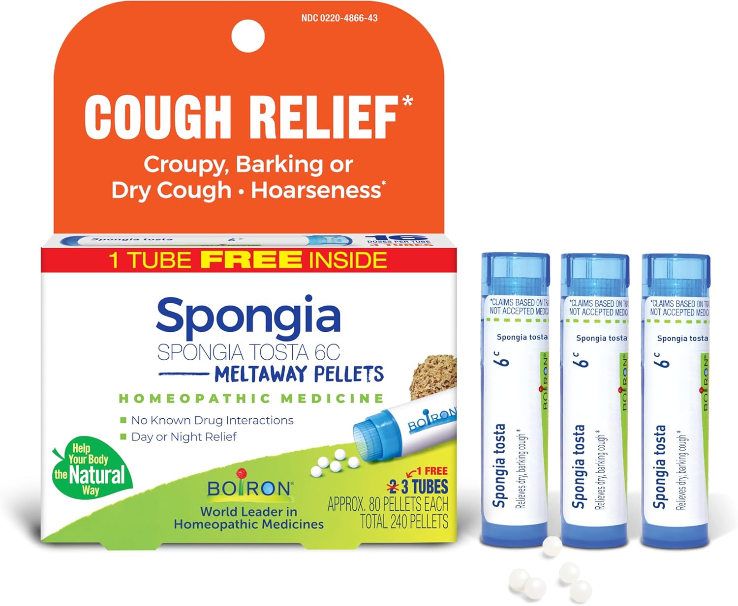 Boiron Spongia Tosta 6C Homeopathic Medicine for Dry Cough, Croupy, Barking, or Hoarseness - 3 Count (240 Pellets)