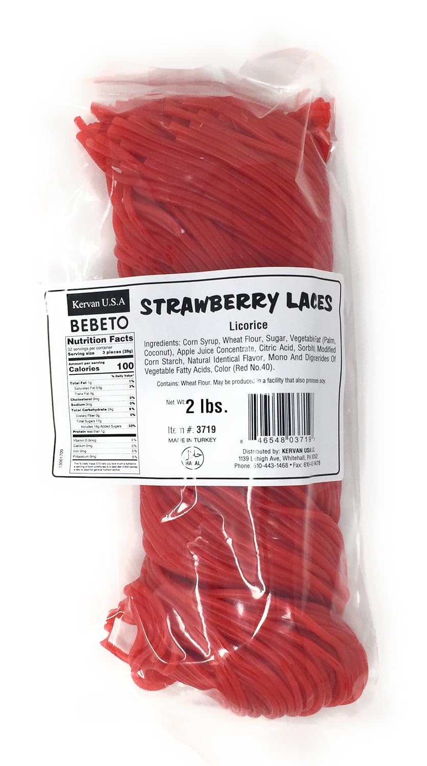 Kervan Candy Bebeto Strawberry Licorice Laces - Red Shoestring Licorice Laces for Braiding, Decorating Baked Goods & Making Knots - Soft & Chewy Candy (2 lbs)