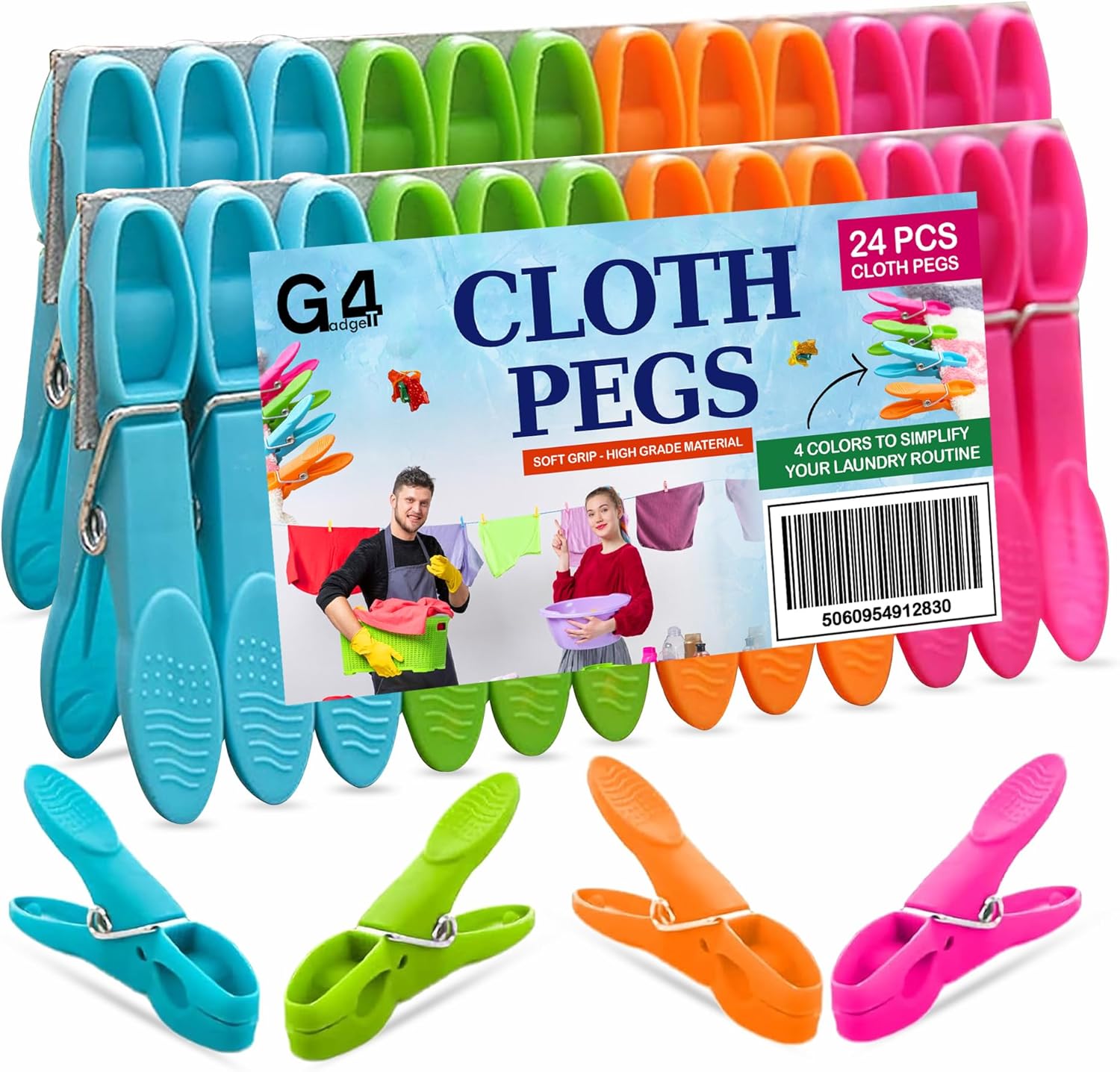 G4GADGET Clothes Pegs 24 Pack, Strong Grip Pegs for Washing Line, Durable Plastic Laundry Pegs with Stainless Steel Spring, Non-Slip Washing Pegs for Clothes Drying, Home & Garden Use