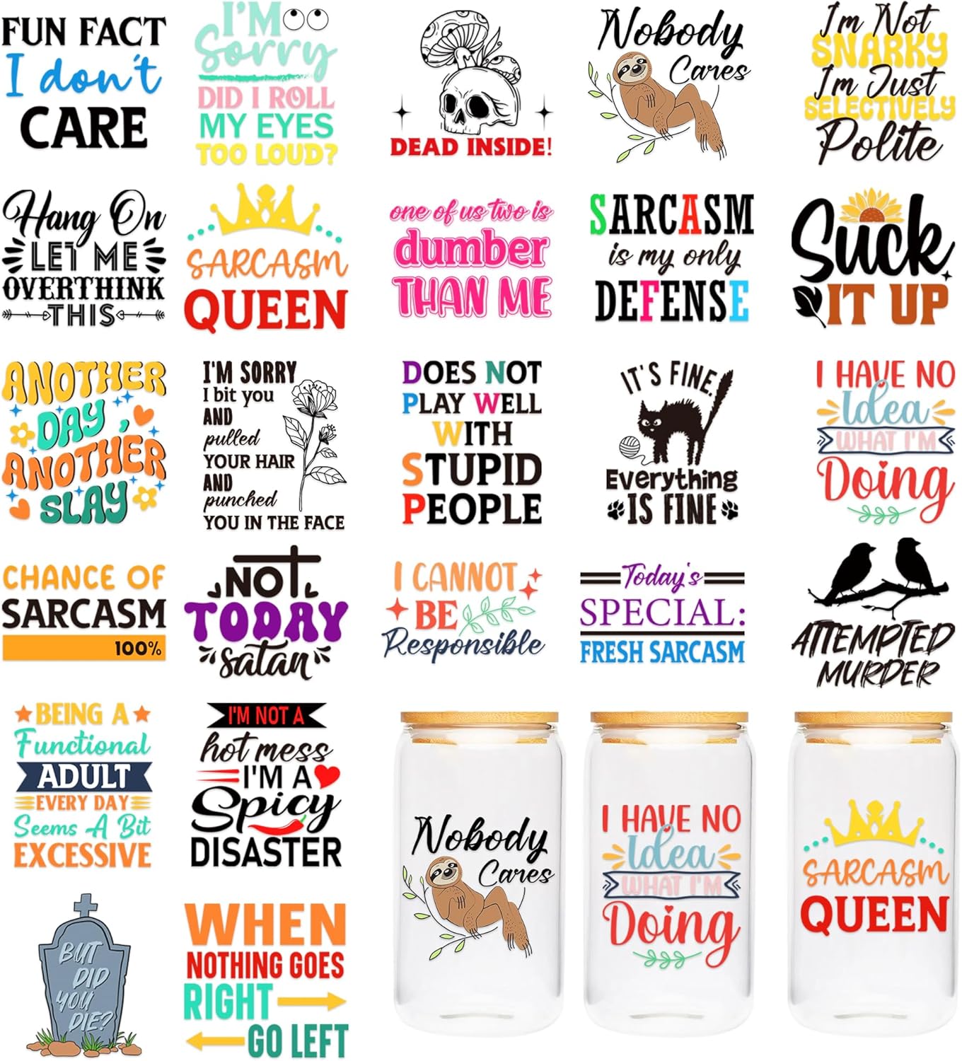 UV DTF Cup Wraps - 24 Sheet Sarcastic UV DTF Cup Sticker for Mug Glass Water Bottle, Funny Sticker for Adult, DIY Crafts for Notebook Luggage Laptop Car, Waterproof Rub on Transfer Decal