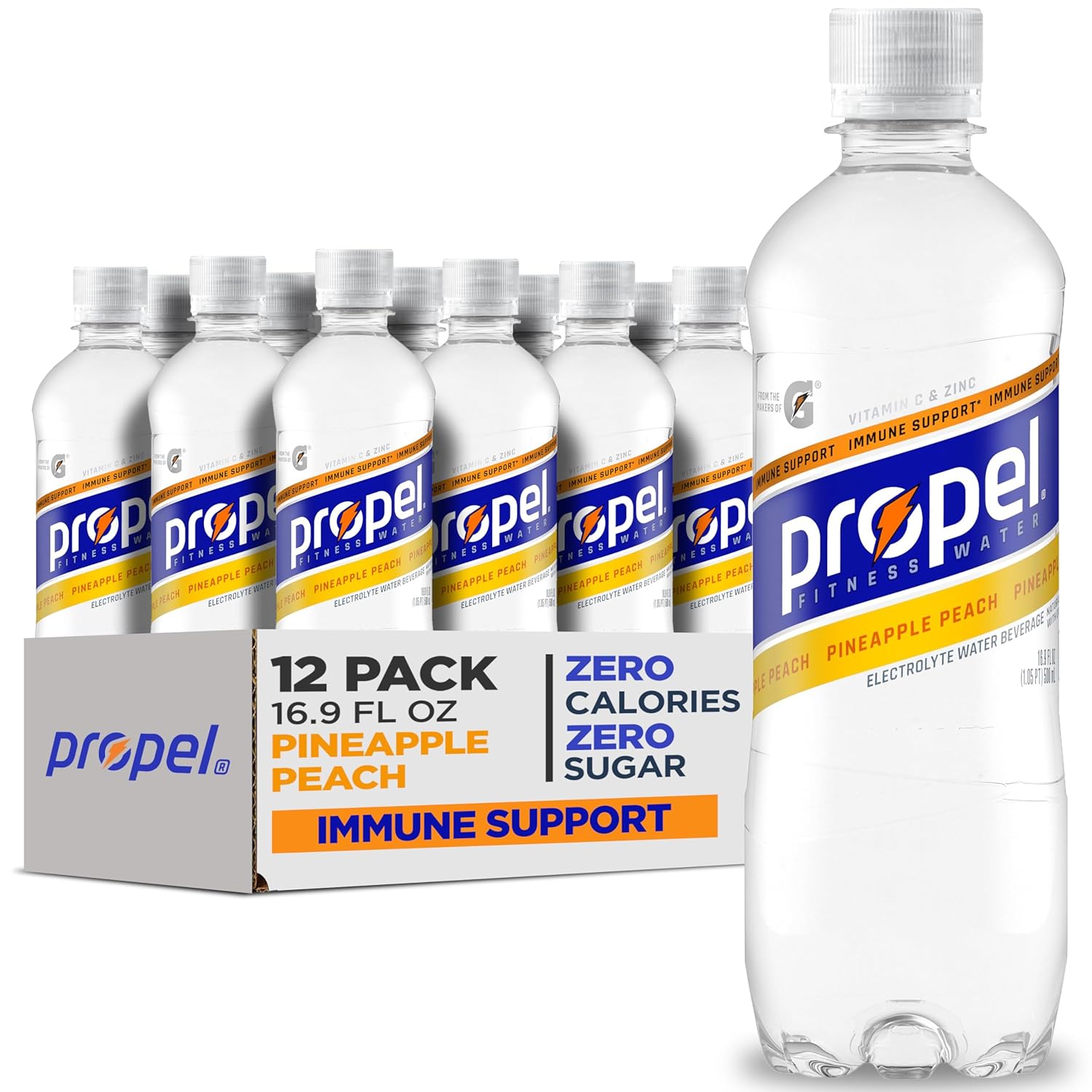 Propel Immune Support Electrolyte Enhanced Water Sports Drink, Pineapple Peach Flavored Water, 100% DV Vitamin C + Zinc, Zero Calorie & Zero Sugar Hydration with Electrolytes and Vitamins, 16.9 fl oz Water Bottles (12 Pack)