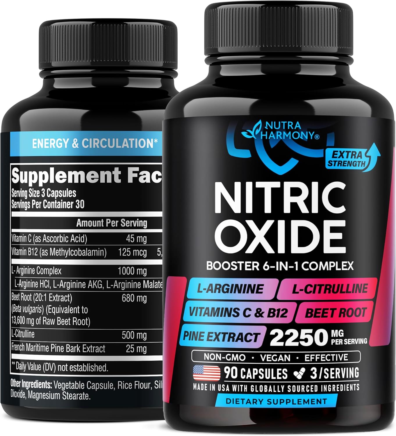 Nitric Oxide Supplement for Men & Women 2250 mg - Nitric Oxide Booster - Pine Bark | L-Arginine | L-Citrulline | Beet Root | Vitamin C & B12 - Muscles, Energy & Circulation - Made in USA, 90 Capsules