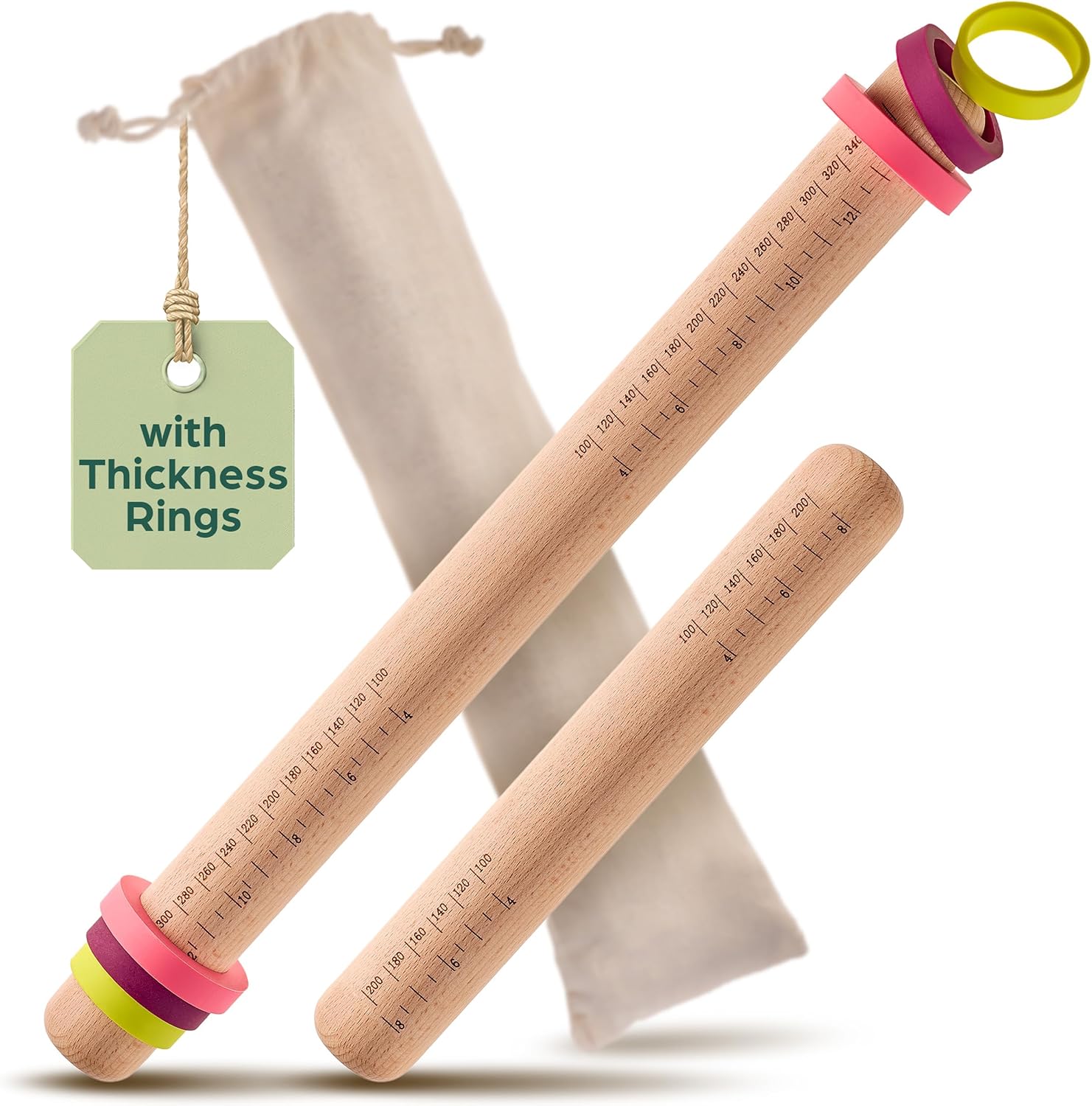 Rolling Pin For Baking with Thickness Rings - 2 Adjustable Rolling Pin with Scale - Sustainable FSC® Wood - for Pie Crust, Cookie, Pastry - Baking Essential