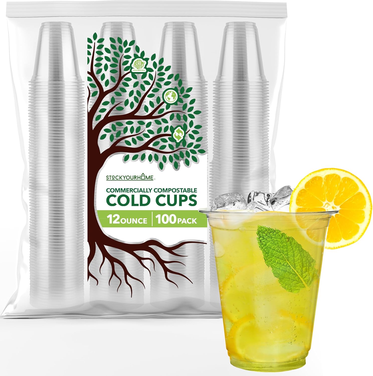 Stock Your Home 12 oz Clear Commercially Compostable Cold Cups (100 Pack) Plant Based Eco Party Cup, Environmentally Friendly Recyclable Disposable Sustainable for Water, Wine