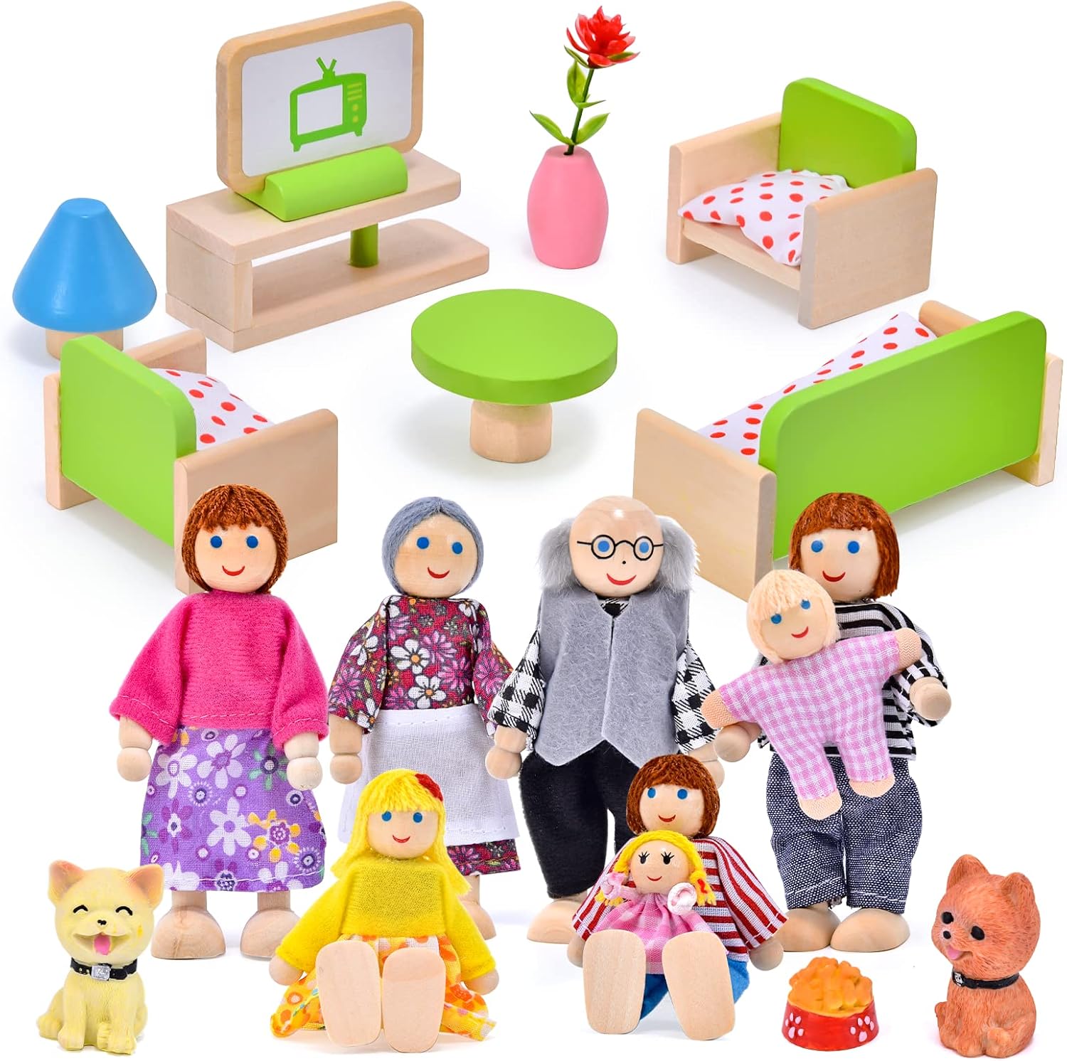 Tacobear Wooden Doll House Furniture Family Dolls Figures Playset Dollhouse Living Room Accessories, Set of 8 People and 2 Pets Pretend Play Toy Gifts for Kids 3+ Years Old