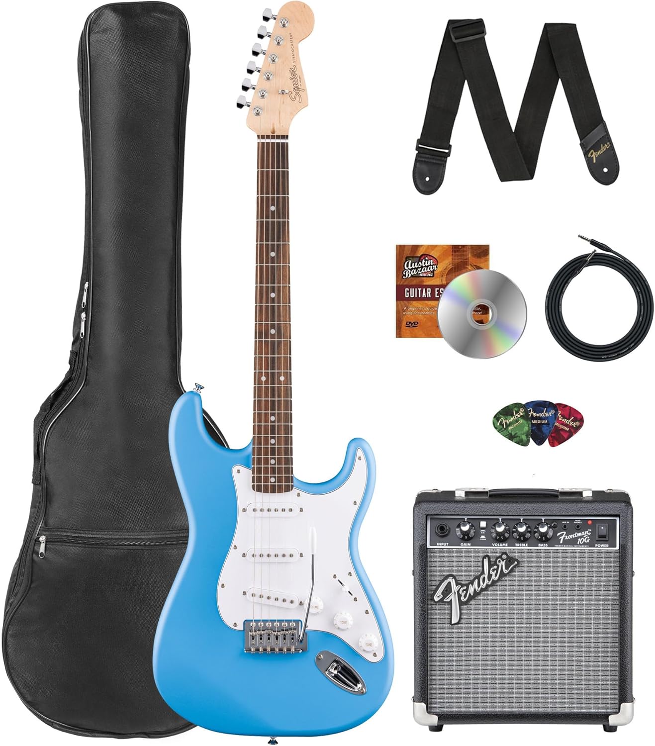 Fender Squier Stratocaster - California Blue Bundle with Frontman 10G Amplifier, Gig Bag, Strap, Instrument Cable, Picks, and Austin Bazaar Instructional DVD