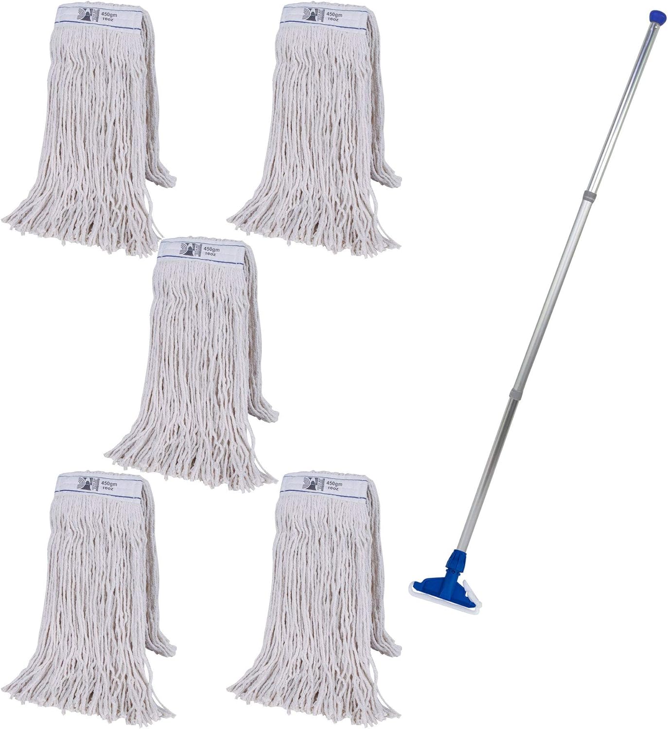 Abbey Heavy Duty Professional Kentucky Mop Handle and Holder With 5 Heads (450g) - Industrial Color-Coded Mop to Avoid Cross Contamination - Commercial Cleaning Tool for Hard Floors, Blue
