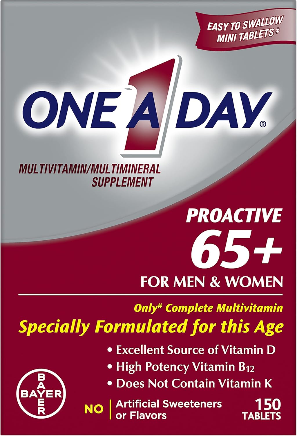 One A Day Proactive 65+, Mens & Womens Multivitamin, Supplement with Vitamin A, C, D, and Zinc to Support Bone Health & Cell Health, Calcium, Folic Acid, Tablet 150 Count