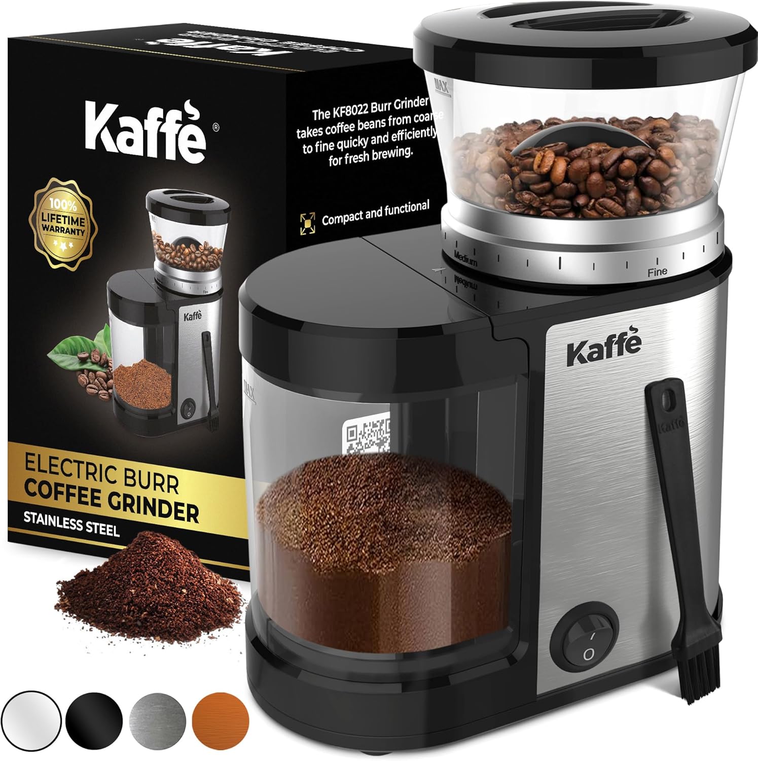 Kaffe Electric Burr Coffee Grinder (5.5oz) w/Adjustable Precise Coarseness Settings - Flat Burr - [Improved Motor] - Precision Coffee Bean Grinder for Home Use - Stainless Steel