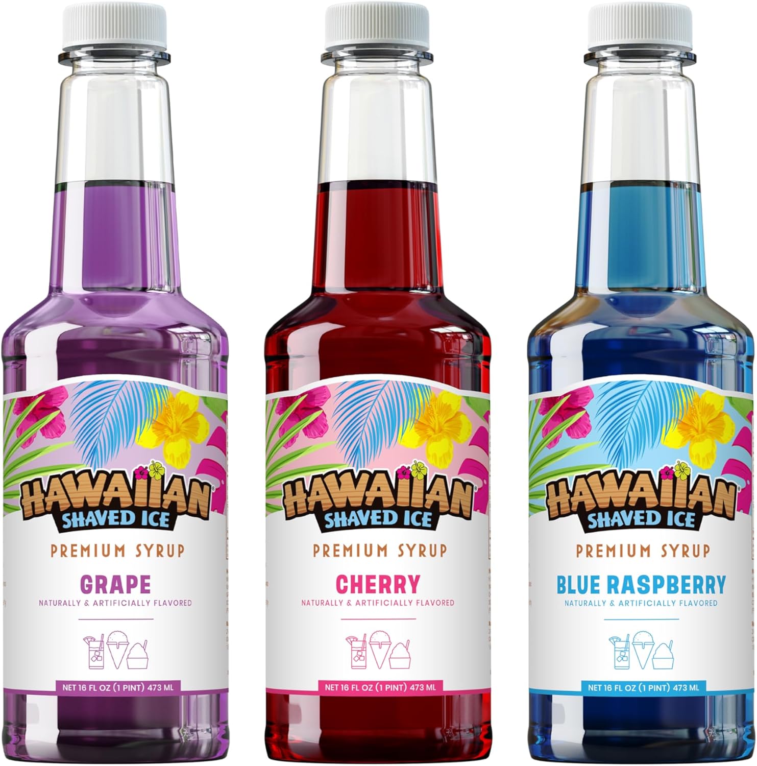 Hawaiian Shaved Ice Syrup Assortment, 3 - 16oz Bottles Of The Most Popular Flavors: Cherry, Grape, Blue Raspberry. Perfect For Shaved ice, Snow Cones, Sodas, Ice Pops, and Slushies. Allergy-friendly