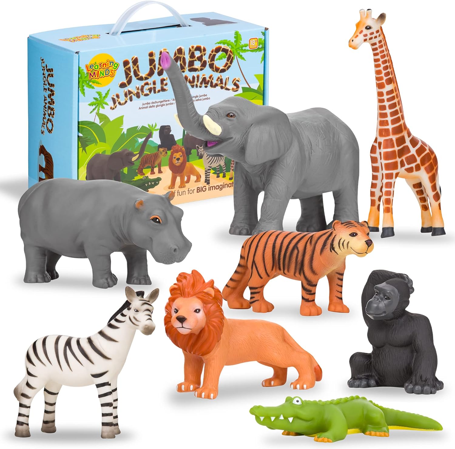 Learning Minds Set of 8 Jumbo Safari Animals Figures - Zoo Animals for Toddlers 1-3 - Jungle Animals Figures - Toy Animals for Kids Age 18 Months Plus - Animal Toys for Kids 1,2,3 Years Old