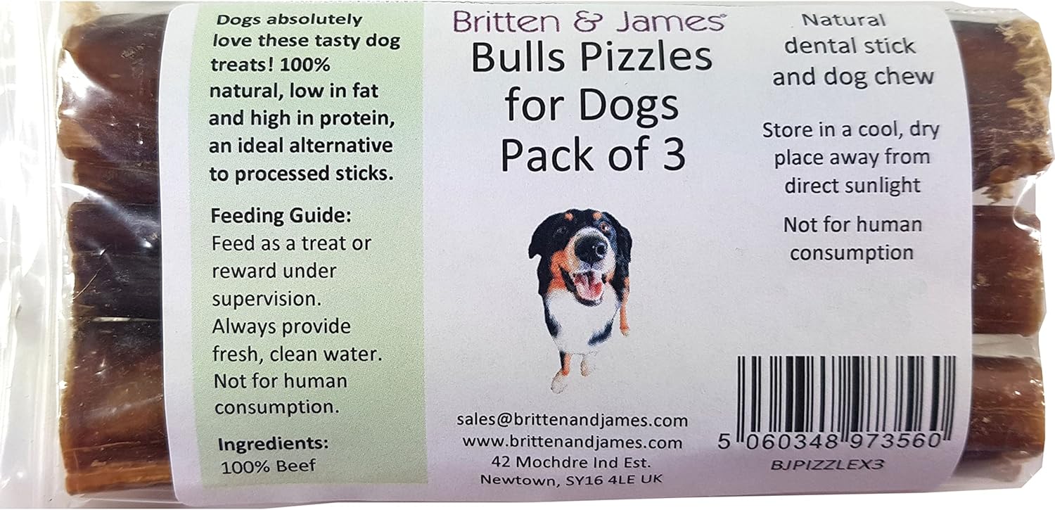 Britten & James 3 Thick Bulls Pizzles for Dogs (12cm length) - Bully Stick Natural Dental Stick and Dog Chew. Hypoallergenic Grain Free and Long Lasting Dog Treat