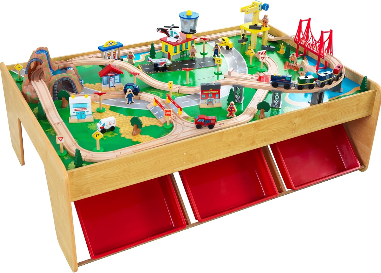 KidKraft Waterfall Mountain Wooden Train Set & Table with 120 Pieces, 3 Storage Bins