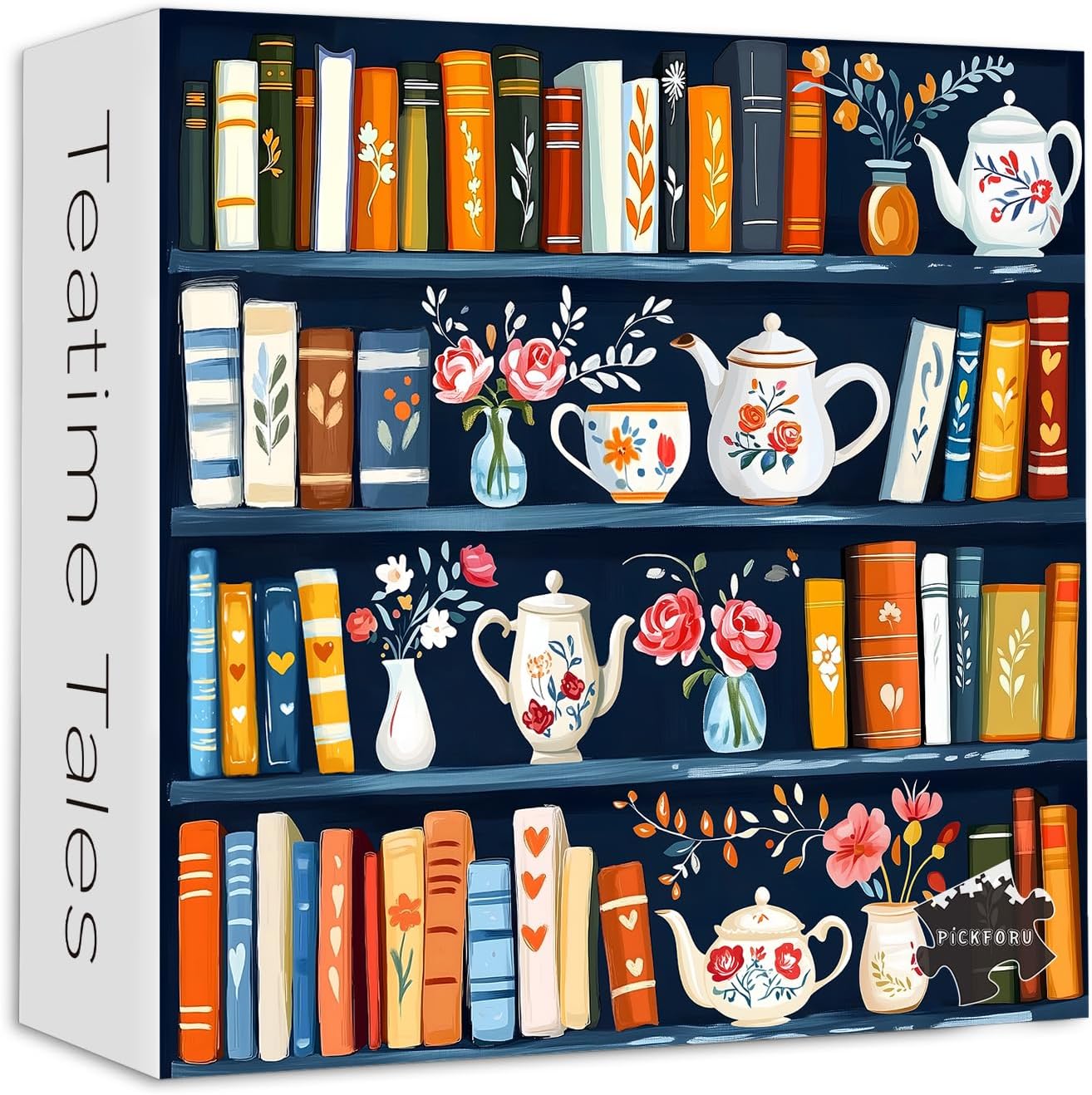 Retro Blooming Bookshelf Jigsaw Puzzles 1000 Pieces, PICKFORU Vintage Flower Book Puzzles for Adults Teapot Vase, Difficult Bookcase Scene Theme for Book Lovers