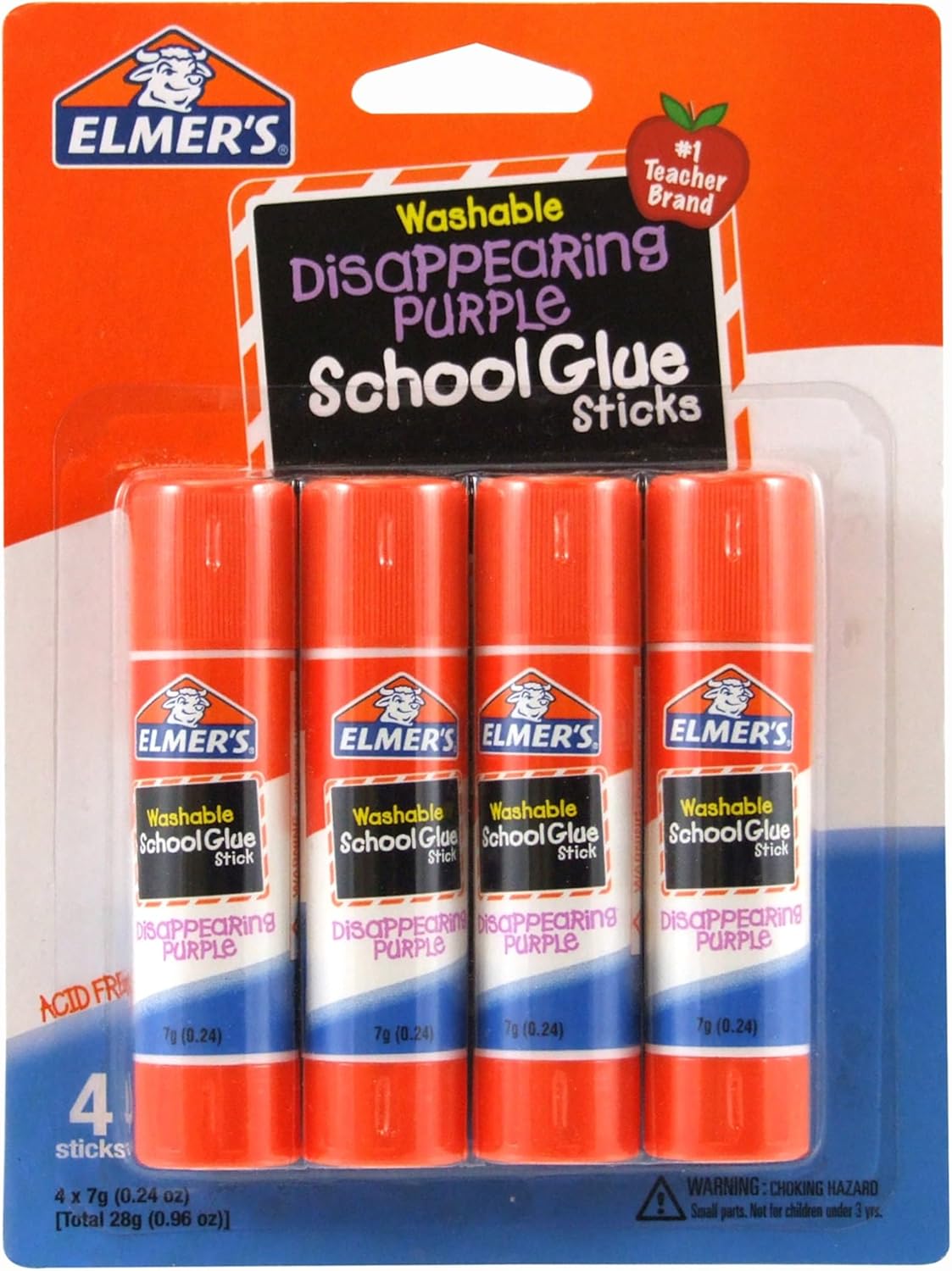 Elmer's Disappearing Purple School Glue Sticks, 0.24 oz Each, 4 Sticks per Pack (E543)