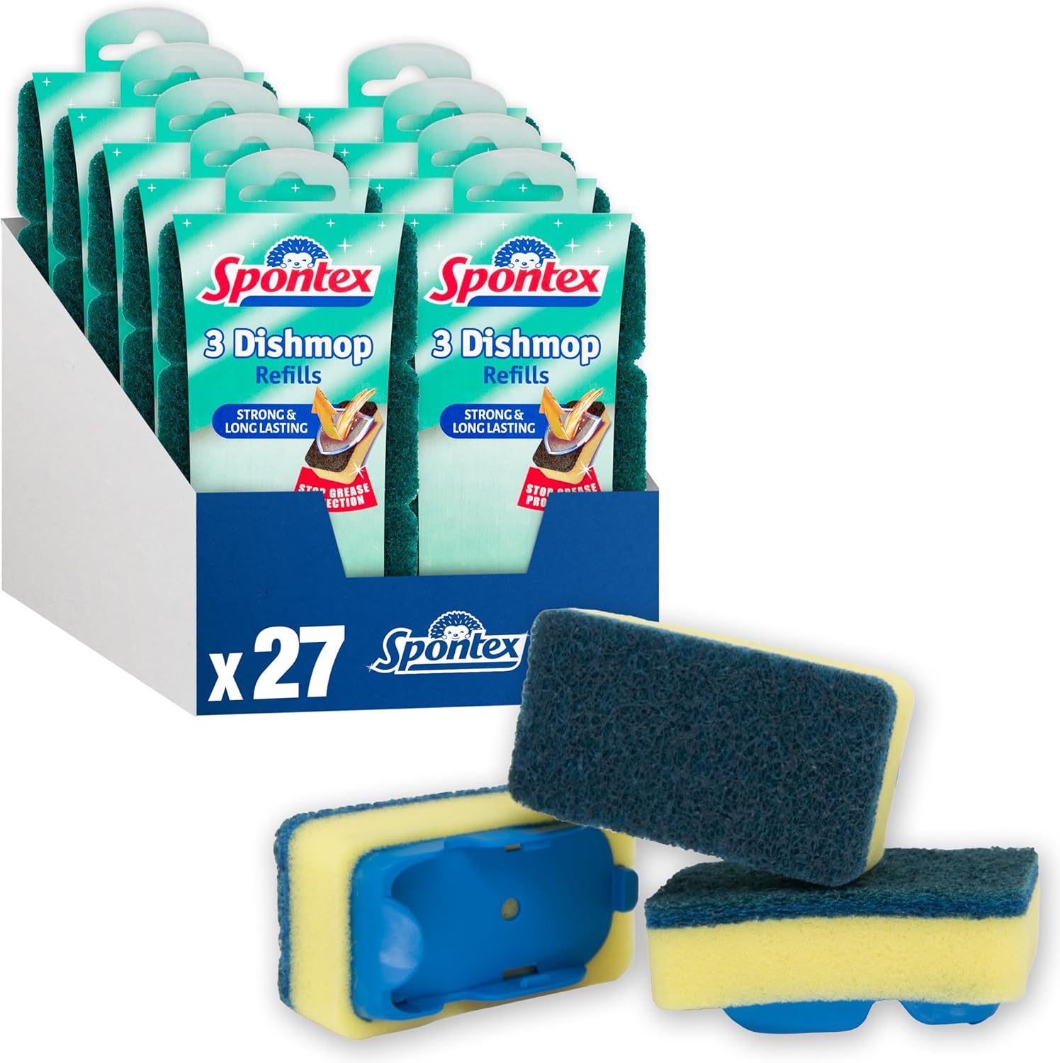 Spontex Dishmop Refills | Strong Replacement Sponge Heads for Washing Up Brush | Sponge Scourer for Efficient Cleaning | 27 Count