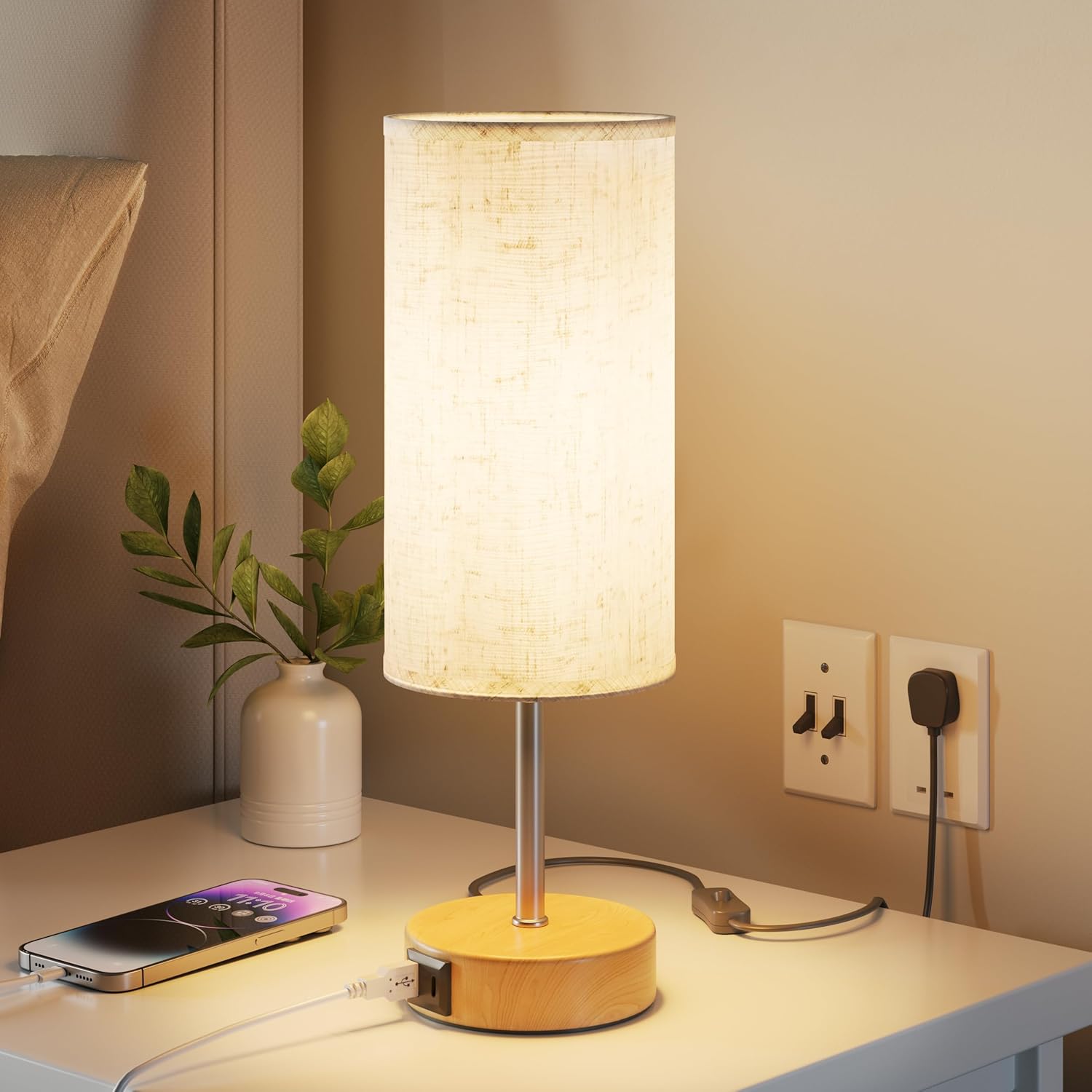 Touch Bedside Lamps, Table Lamp for Bedroom and Living Room with USB-A & USB-C Charging Ports, 3-Way Dimmable Bedside Lamps, Linen Fabric Shade, (LED Bulb Included)