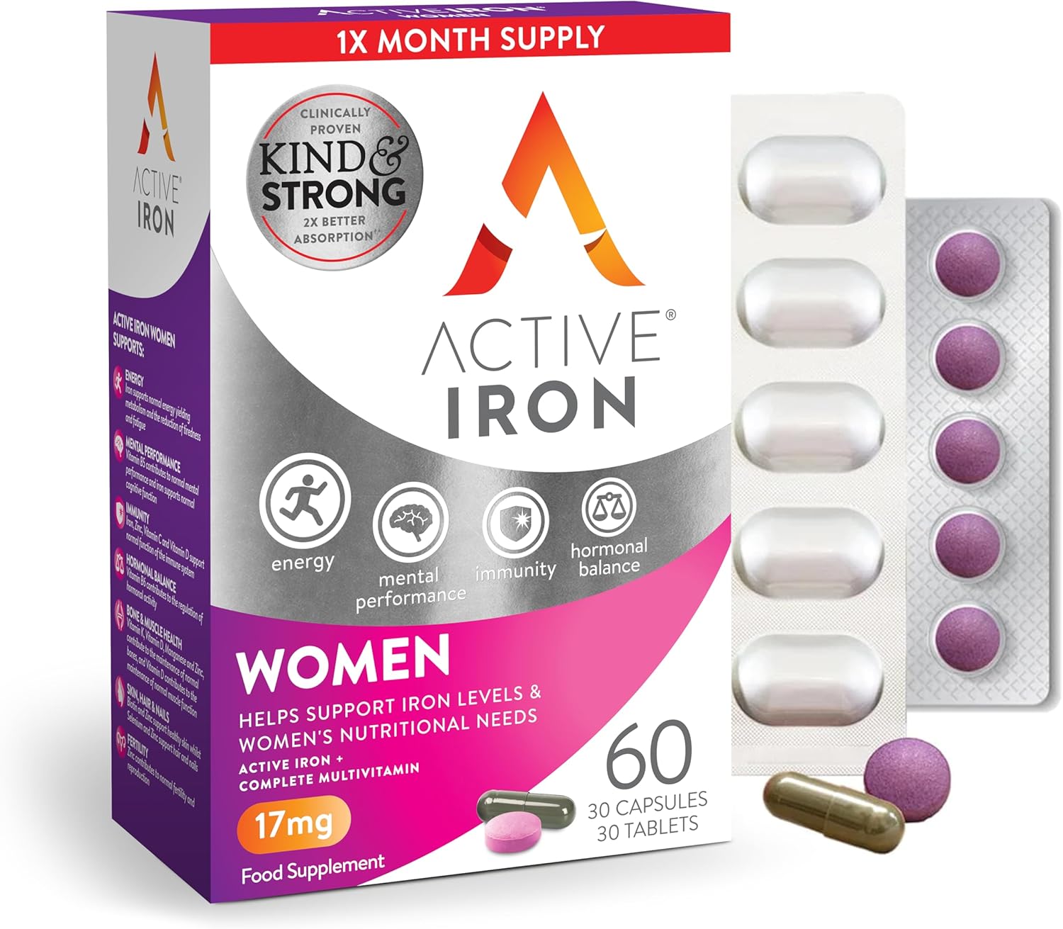 Active Iron Women with Active Multivitamin Supplement 17 mg, High Strength B Vitamins, Non-Constipating, 30 Iron Capsules & 30 Active Multivitamins, 1 Month Supply