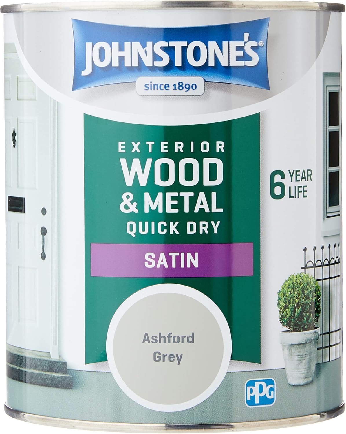 Johnstone's - Quick Dry Satin - Ashford Grey - Satin Finish - Exterior Wood & Metal - Resistant to cracking & peeling - 6 years of life - 12m2 Coverage per Litre - 0.75 L