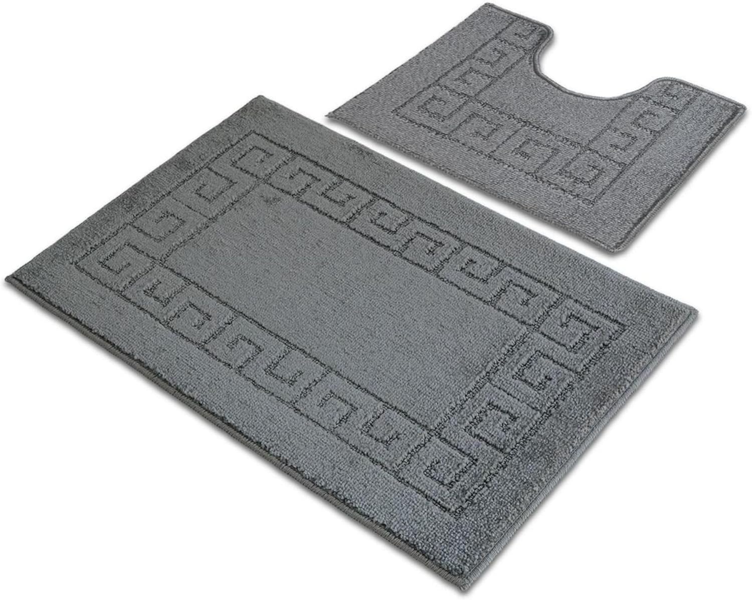 Ambience Products Greek Key Pattern Bath Mats 2 Piece Sets Non Slip Bathroom Mat, Soft Washable Rug Quick Dry Water Absorbent Bathroom Shower Mat & Pedestal Set (Charcoal)