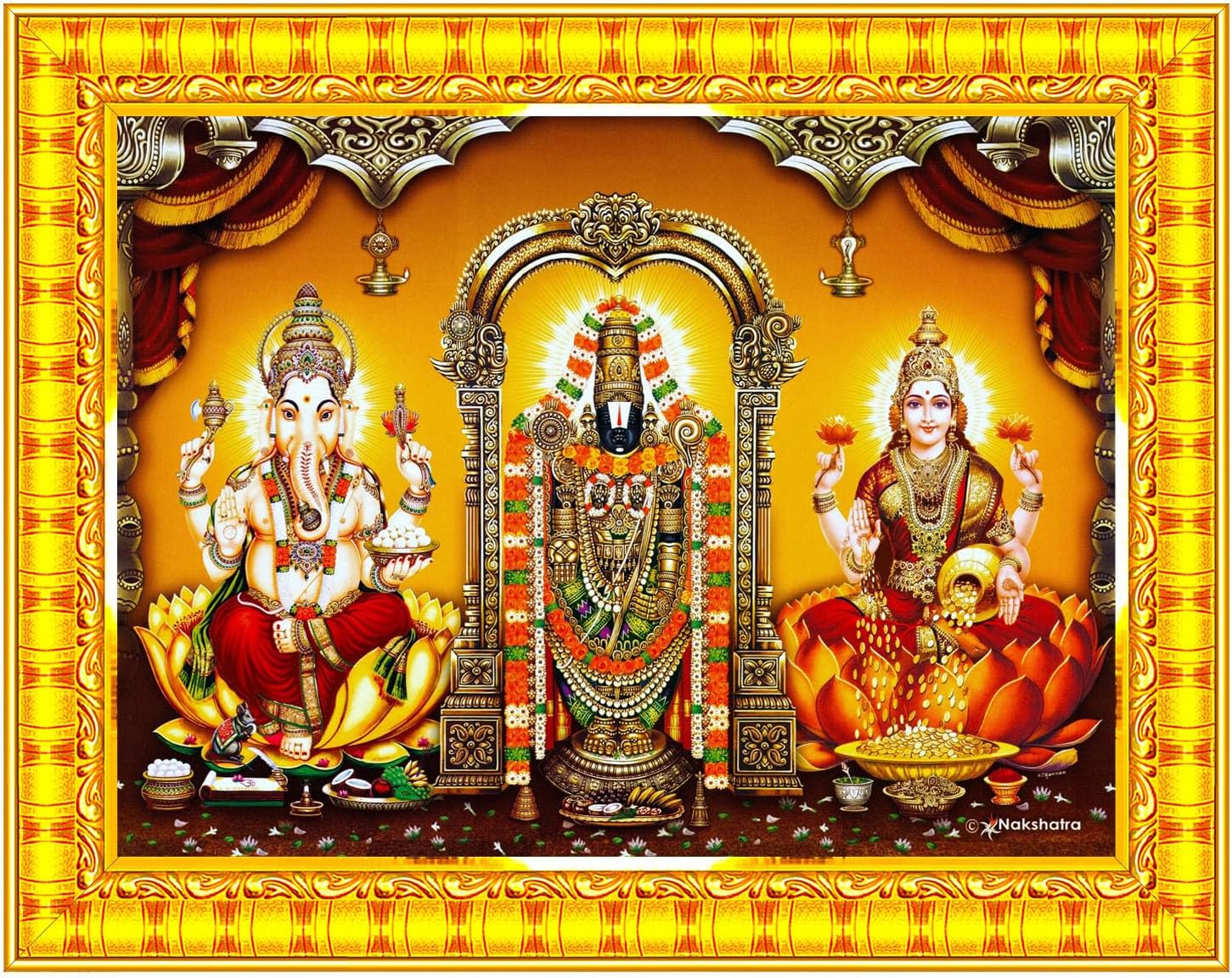 Pavan Photo Laminations Tirupati Balaji Ganesha Lakshmi Devi Hanging Wall Painting Framed Home Decor (Wood,Matte,Gold,Small Size,6 x 8 Inch) R563S
